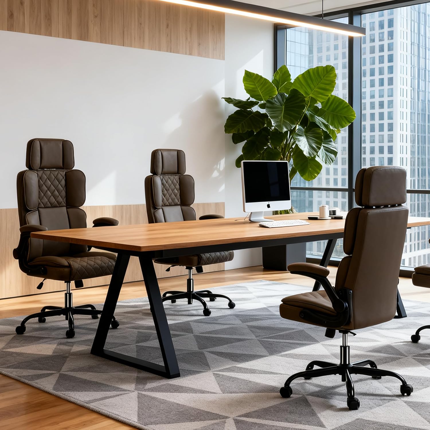 Leather Office Chair with Adjustable Headrest, Padded Flip-Up Armrests, Executive Home Office Desk Chairs with Ergonomic Back Support, Swivel Rolling Computer Chair for Work, Study, Brown