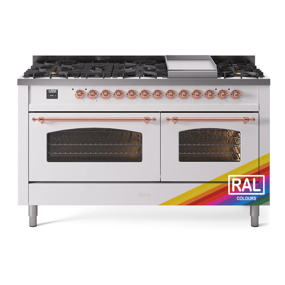 ILVE 60-Inch Nostalgie II Dual Fuel Range with 9 Burners, Griddle and Triple Glass Door Oven in Custom RAL with Copper Trim (UP60FNMPRAP)
