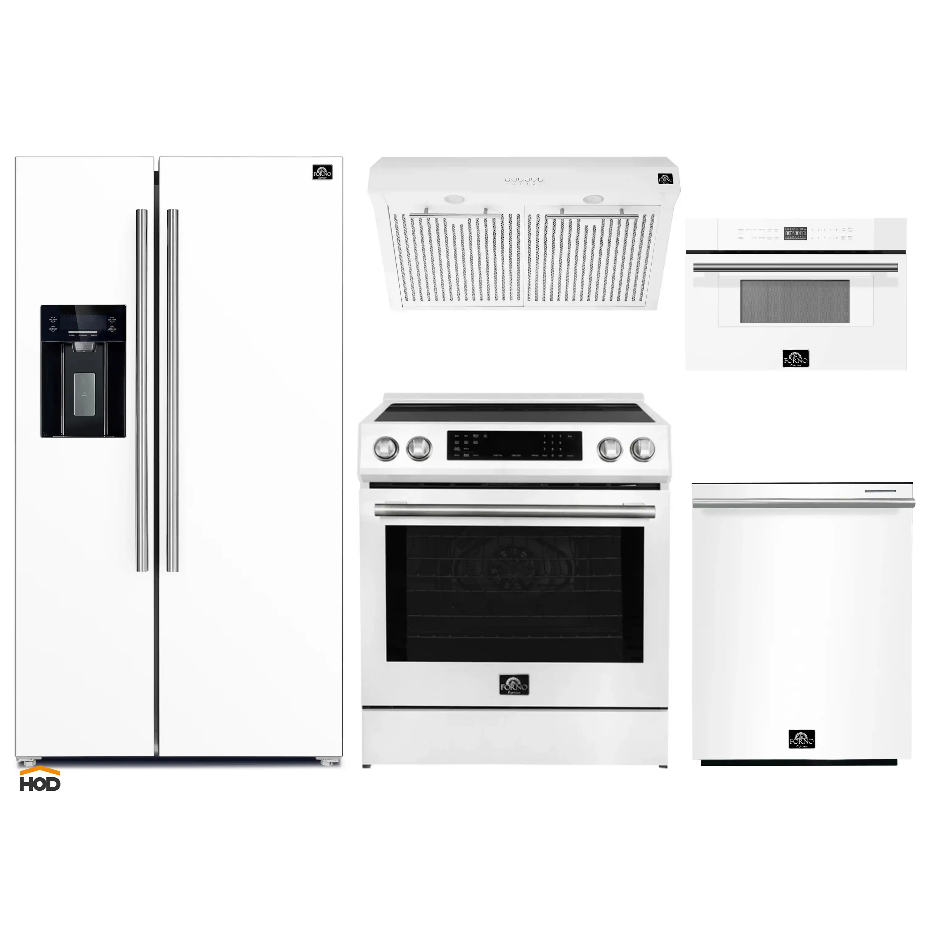 Forno 5-Piece Appliance Package - 30-Inch Induction Range, Under Cabinet Range Hood, Refrigerator with Water Dispenser, Dishwasher, and 30-Inch Microwave Oven in White with Stainless Steel Trim