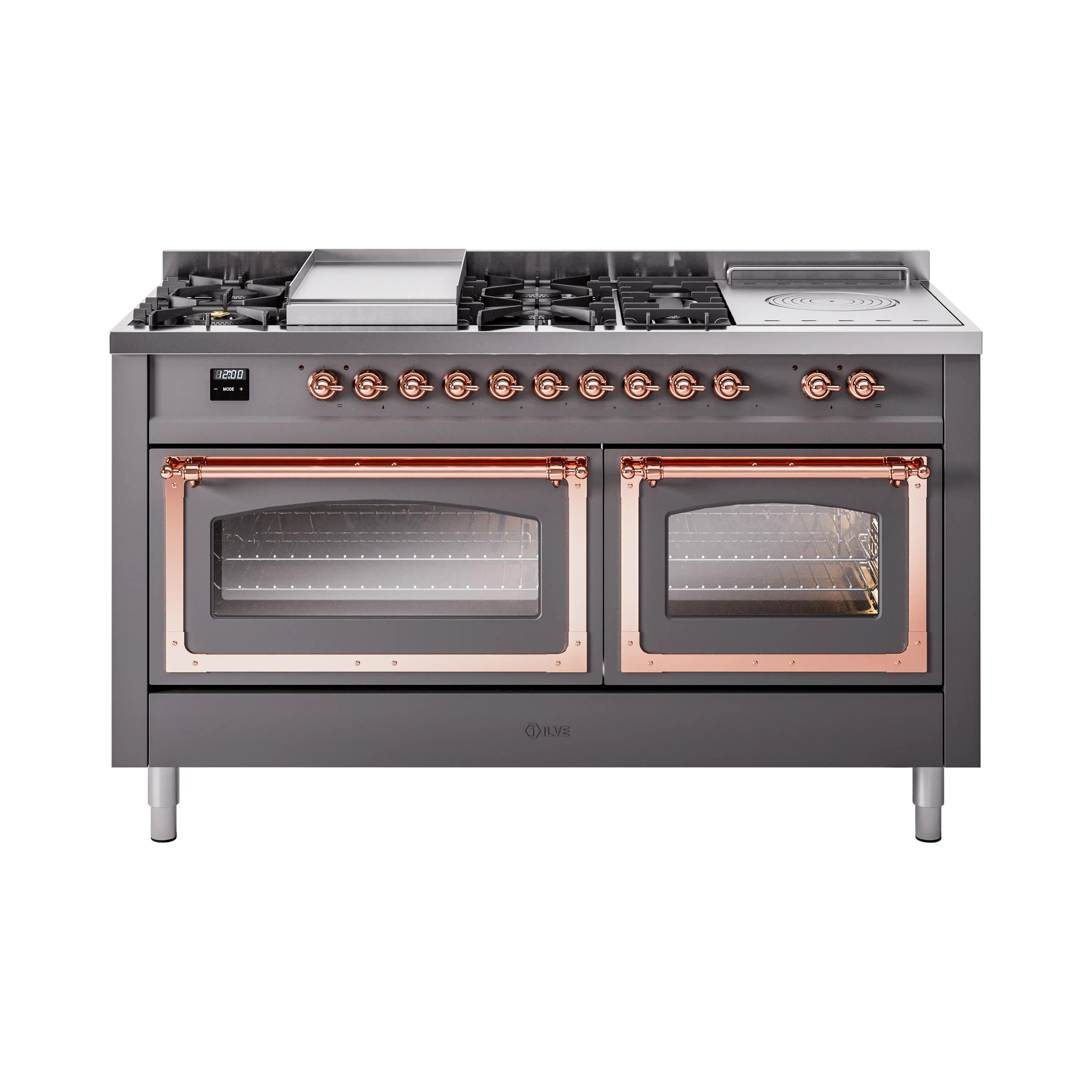 ILVE 60-Inch Nostalgie II Noblesse Dual Fuel Range with 7 Sealed Burners, Griddle, French Top, and Triple Glass Door Oven in Matte Graphite with Copper Trim (UN60FSNMPMGP)