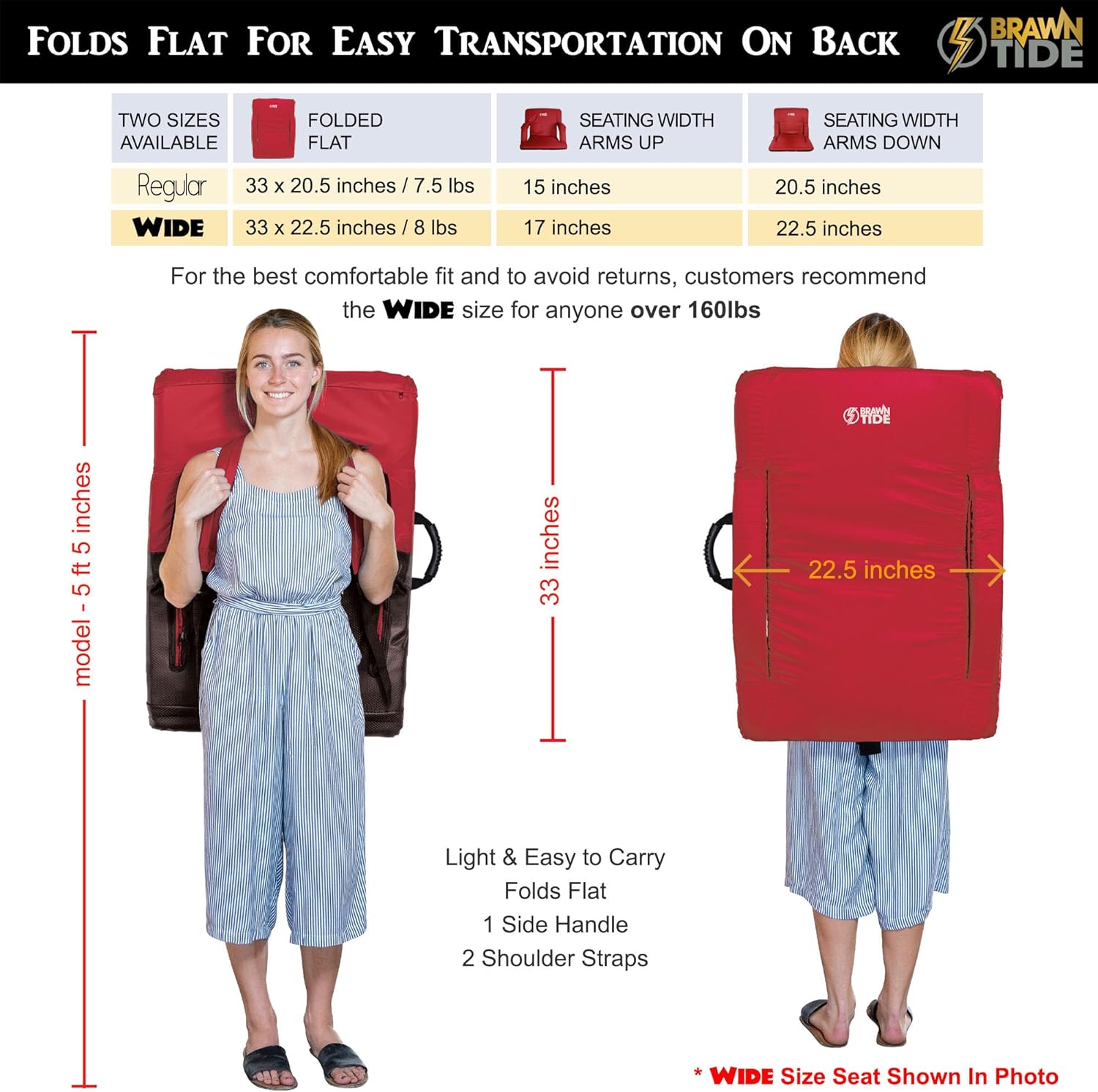 BRAWNTIDE Stadium Seat with Back Support - Comfy Cushion, Thick Padding, 2 Steel Bleacher Hooks, 4 Pockets, 2 Cup Holders, Reclining Back, Ideal Chair for Sport Events, Beaches, Camping, Concerts