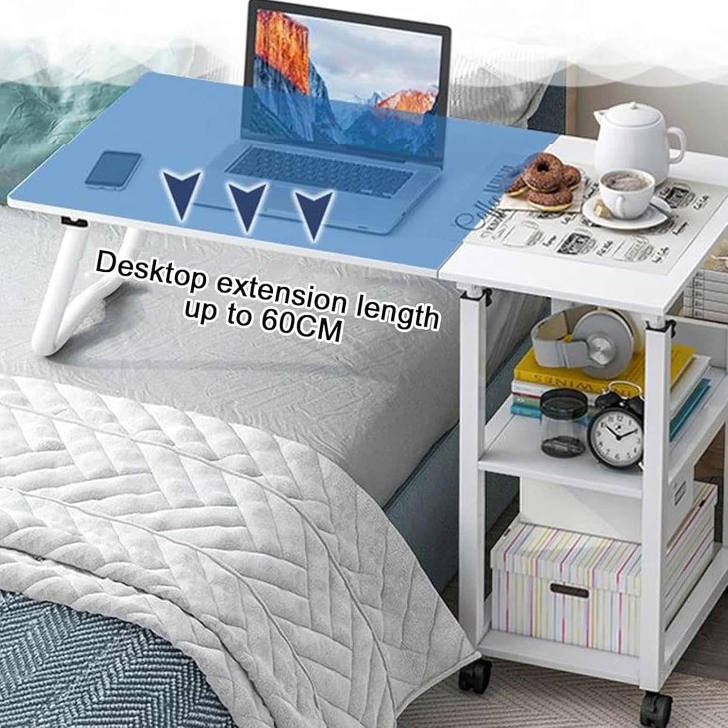 2 in 1 Foldable Overbed Table with Wheels, Bedside Table Adjustable Height, Mobile Computer Desk Laptop Table, Standing Over Bed Table for Hospital and Home Use,White a