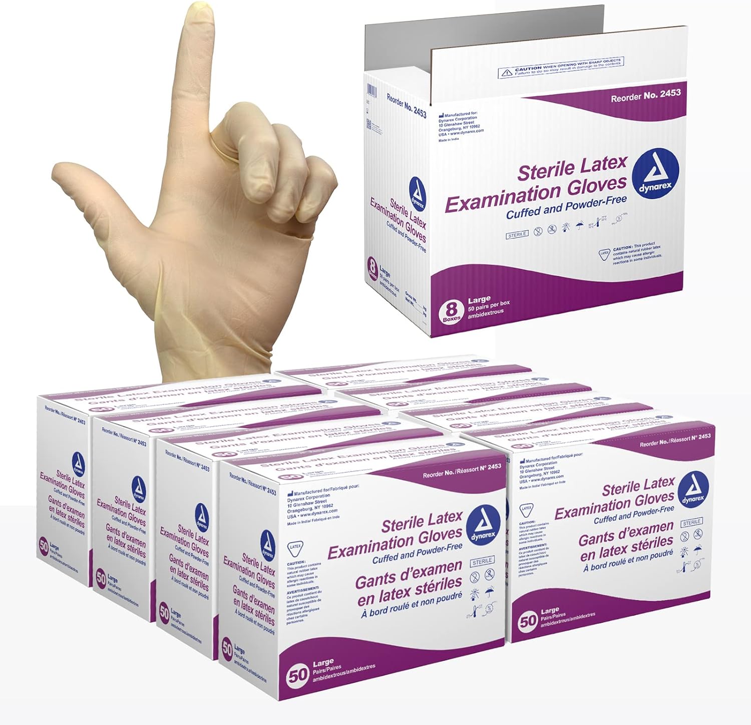 Dynarex Sterile Disposable Latex Exam Gloves, Powder-Free, Sterilely Packaged in Pairs, Professional Medical and Healthcare Use, Bisque, Large, 8 Boxes - 50 Pairs/Box