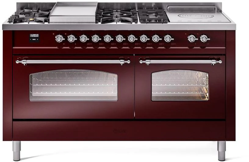 ILVE Nostalgie II 60-Inch Dual Fuel Range with 7 Burners, Griddle, & French Top with Triple Glass Door Oven in Burgundy with Chrome Trim (UP60FSNMPBUC)