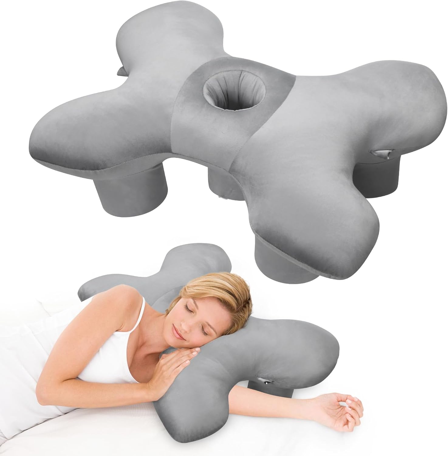 Ear Piercing Pillow and Arm Hole Pillow for Side Sleepers, Ergonomic Cotton Orthopedic Pillow for Neck Pain Relief, Pressure Release for Pierced Ears & Rotator Cuff, ldeal for Side Sleepers (Gray)