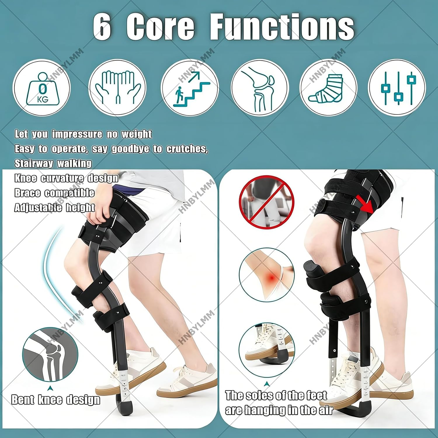 Single Leg Walker Assist, Painless Knee Crutch, Hand Fr-ee Knee Crutches for Broken Legs and Sprained Ankles, Supports Up to 220 LBs Assisted Walking Trainer