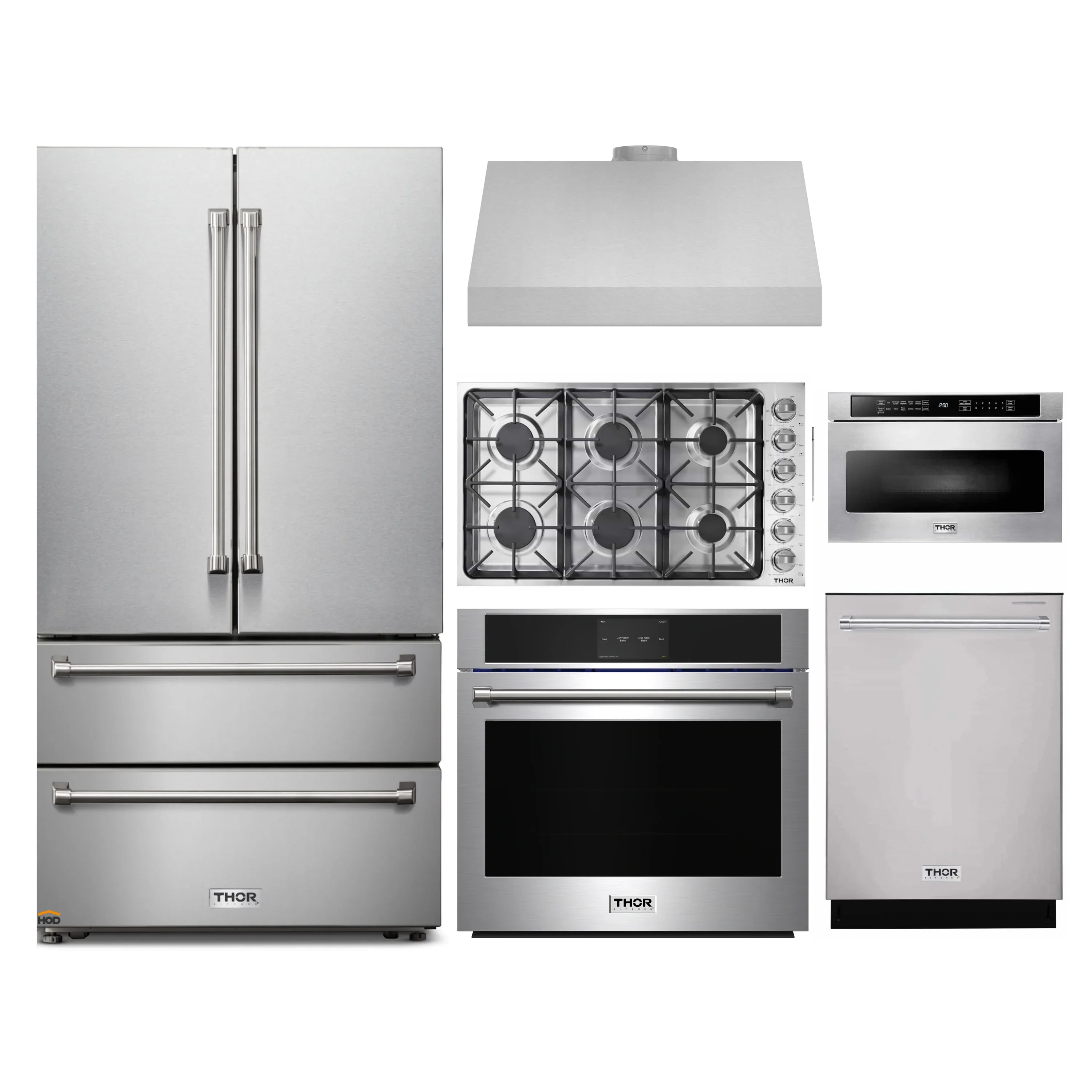 Thor Kitchen 6-Piece Pro Appliance Package - 36-Inch Gas Cooktop, Electric Wall Oven, Under Cabinet Hood, Refrigerator, Dishwasher & Microwave Drawer in Stainless Steel