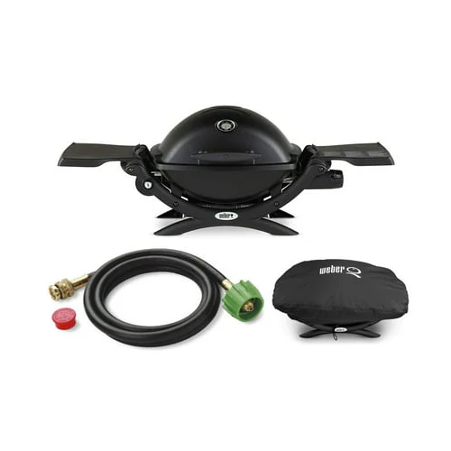 Weber Q1200 Liquid Propane Grill (Black) with Adapter Hose and Grill Cover