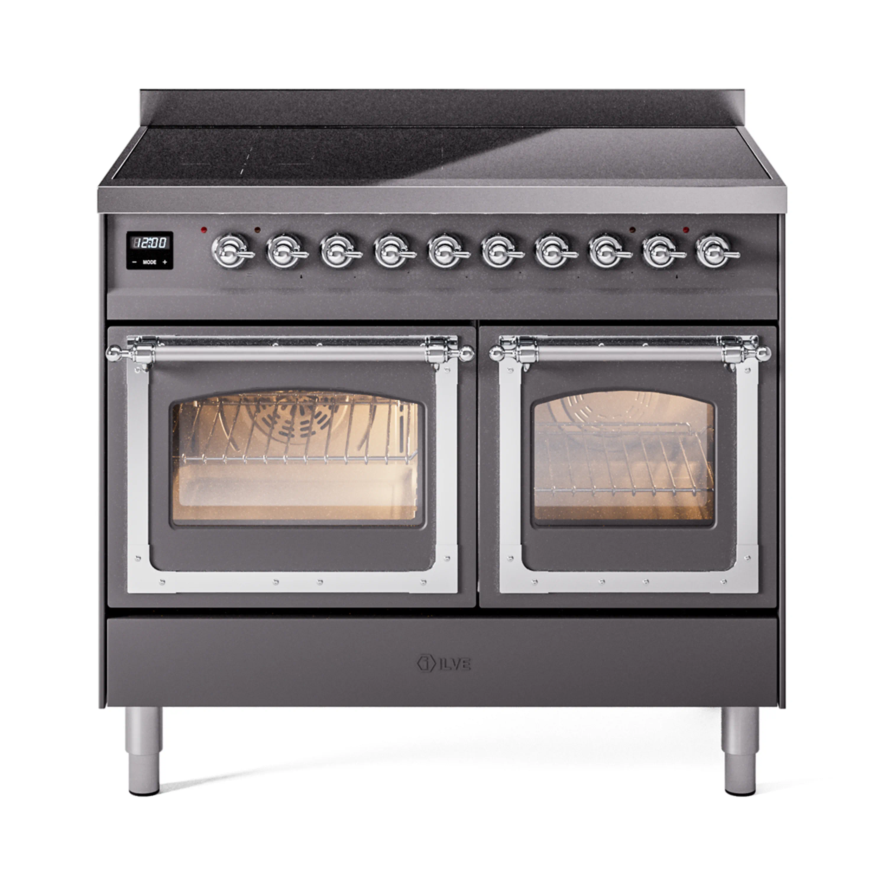 ILVE 40-Inch Nostalgie II Noblesse Induction Range with Triple Glass Door in Matte Graphite with Chrome Trim (UNDI406NMPMGC)