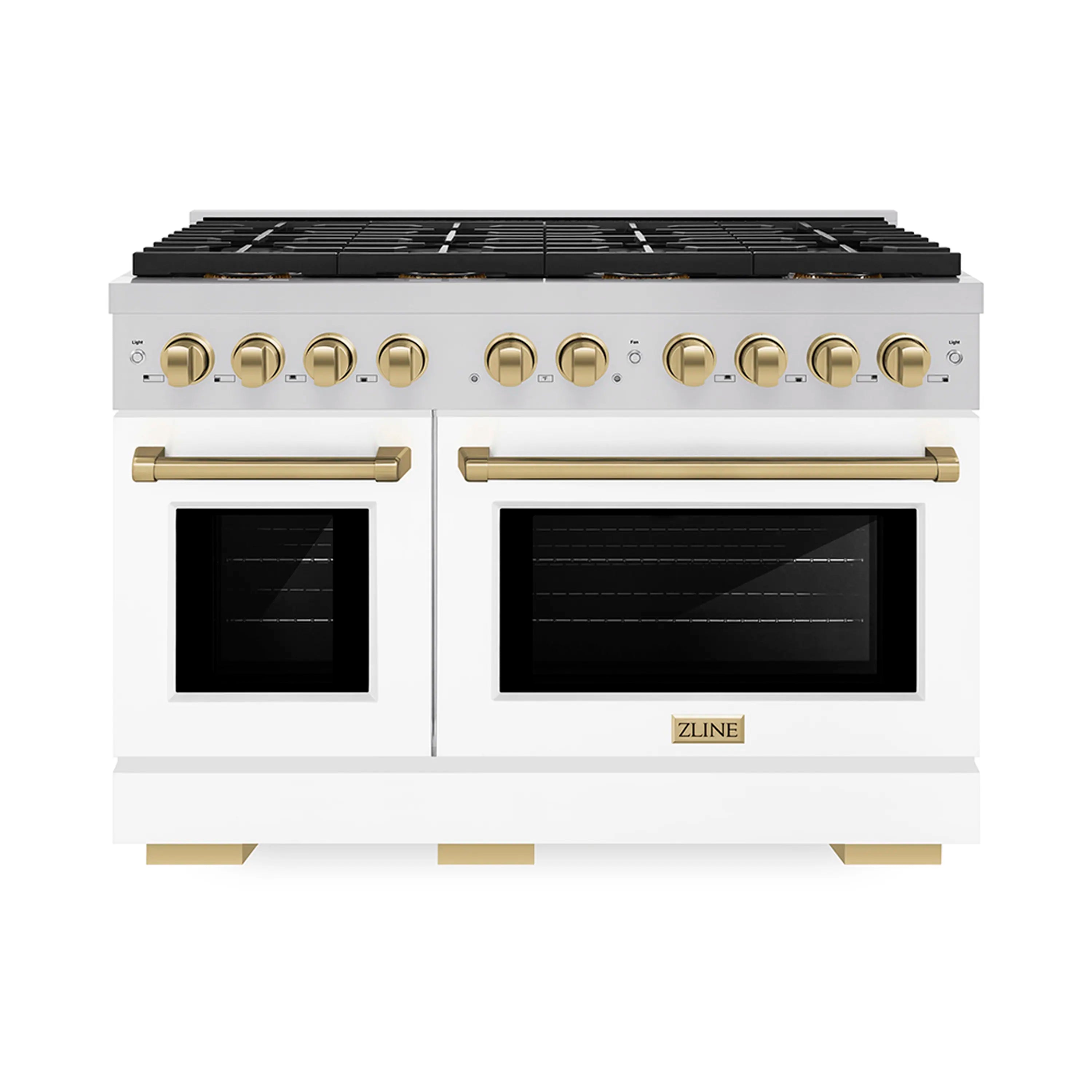 ZLINE Autograph Edition 48-Inch 6.7 cu. ft. Paramount Gas Range with 8 Burner DuoPro鈩?Cooktop and Dual Ovens with White Matte Doors and Champagne Bronze Accents (PSGRZ-WM-48-CB)
