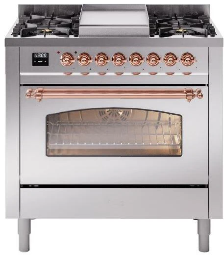 ILVE Nostalgie II 36-Inch Dual Fuel Freestanding Range in Stainless Steel with Copper Trim (UP36FNMPSSP)