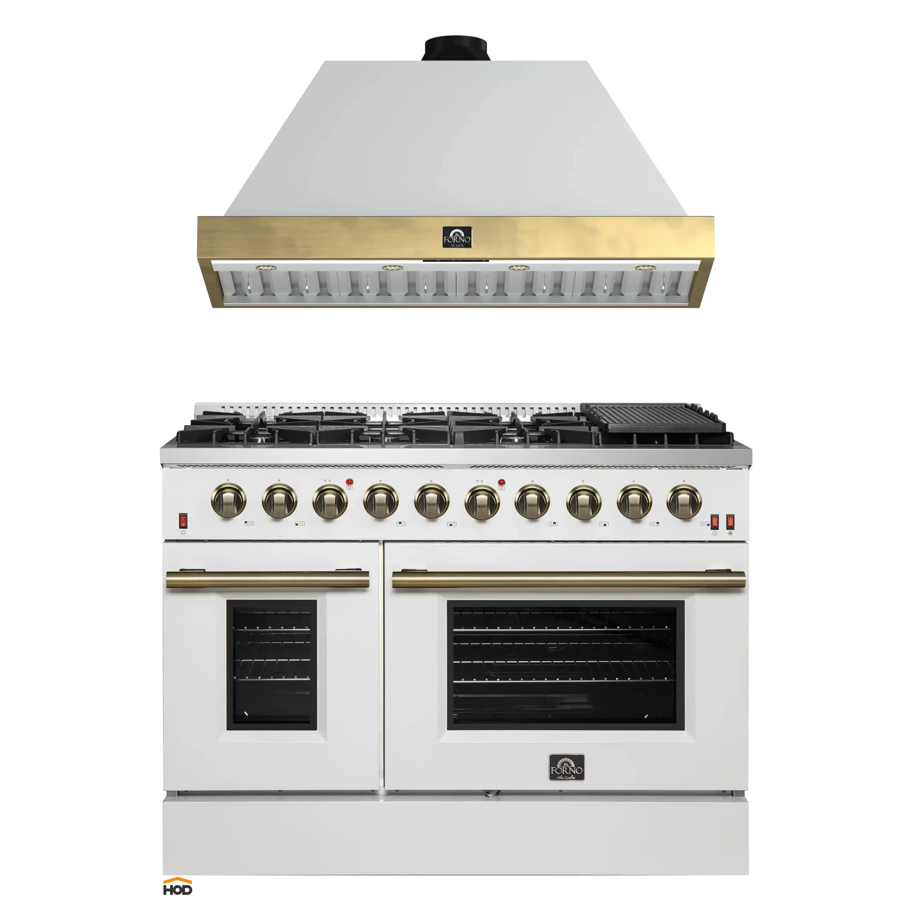 Forno Galiano 2-Piece Appliance Package - 48-Inch Gas Range & 48-Inch Wall Mount Range Hood in White with Antique Brass Trim