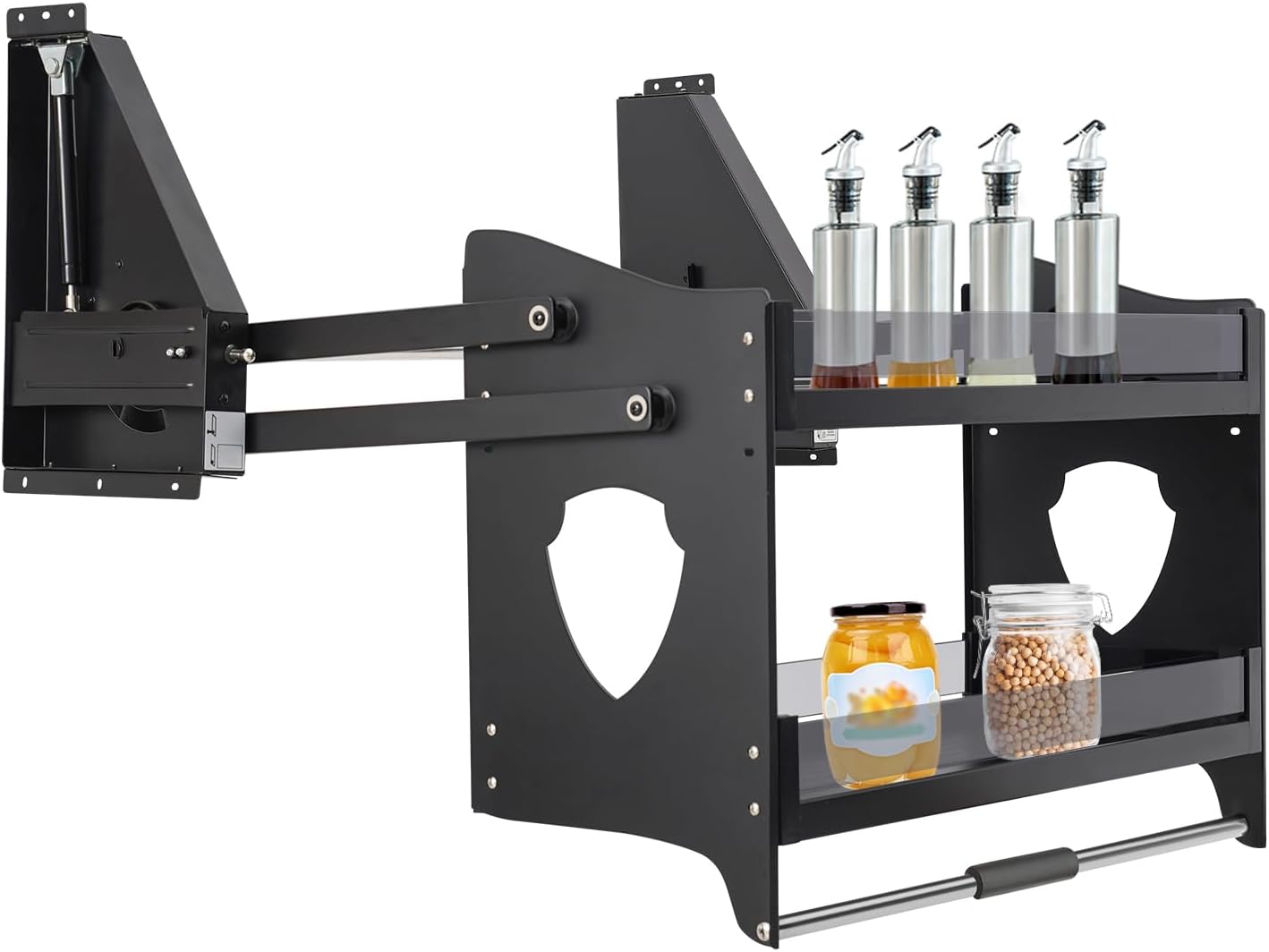 Pull Down Cabinet Organizer, 2 Tier Kitchen Cabinet Pull Down Shelf with Extended Rocker Arms, Hydraulic Support Rods, Pull Out Organizer for Kitchens,Bars,Coffee Cabinets