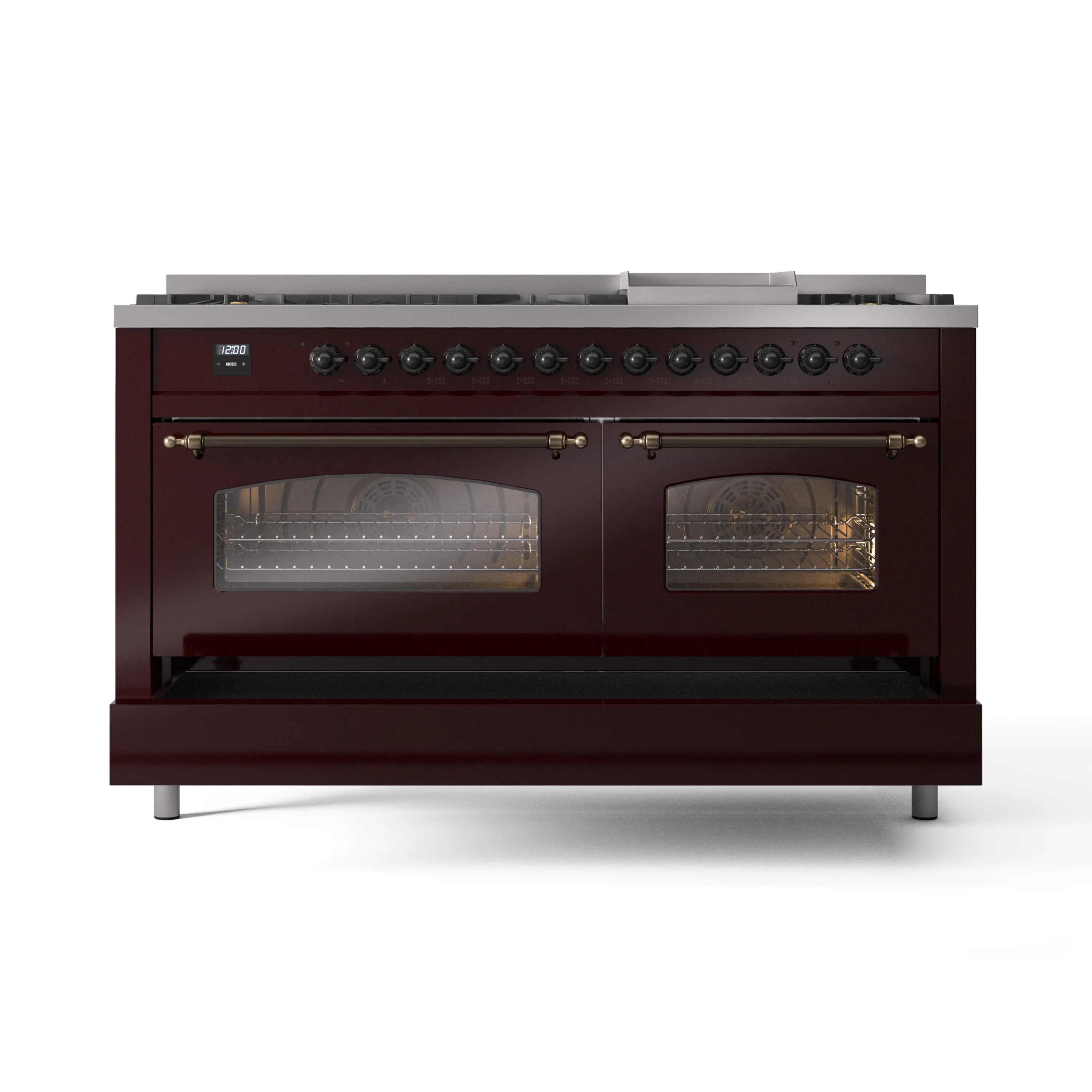 ILVE 60-Inch Nostalgie II Dual Fuel Range with 9 Burners, Griddle and Triple Glass Door Oven in Burgundy with Bronze Trim (UP60FNMPBUB)