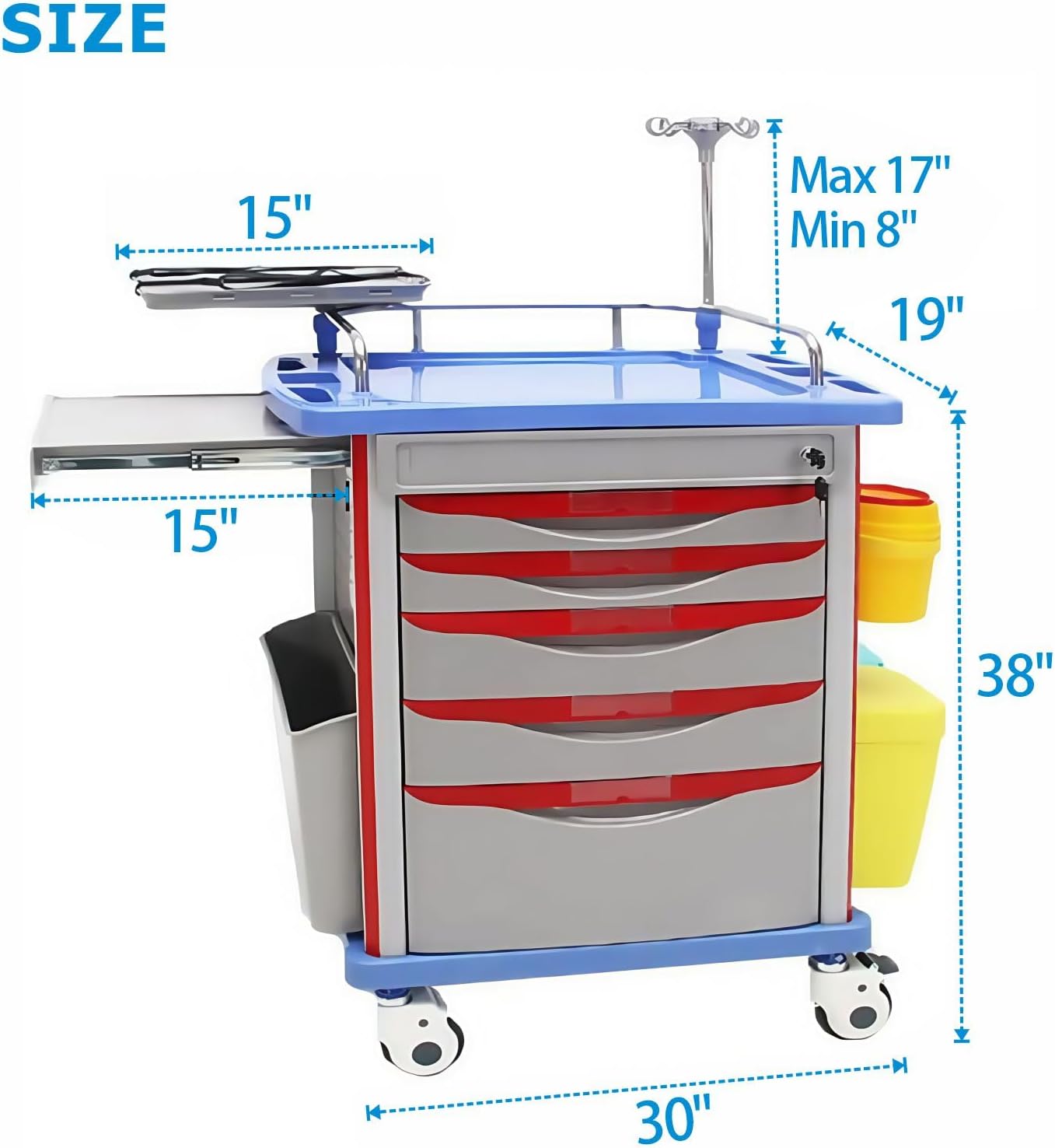 Crash Cart with Accessories - Mobile Emergency Treatment Trolley with IV Pole, Cardiac Board, O₂ Tank Holder, Trash Bin & Drawers for Clinic Nursing Center