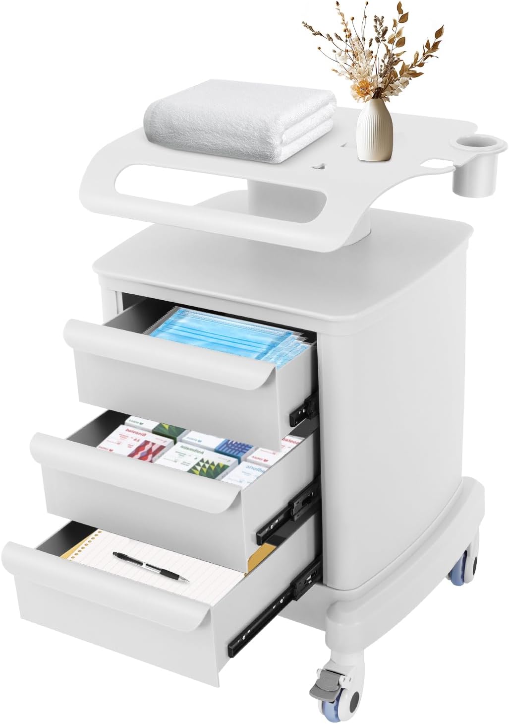 Beauty Instrument Trolley Cart, Freestanding Mobile Trolley with 4 Wheels 66lbs Storage Cart with 3 Drawers, Lab Rolling Storage Cart for Spas, Homes, Labs, Salons