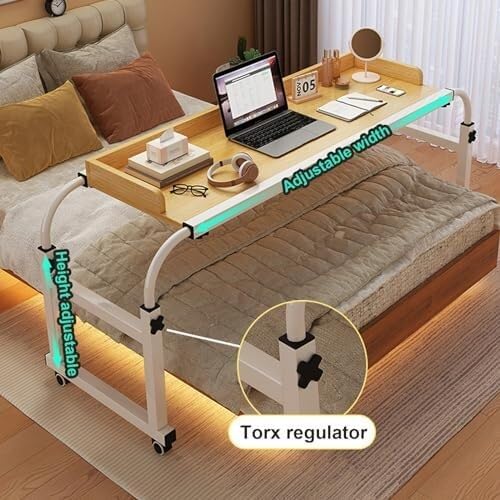 Adjustable Overbed Table with Wheels, Extendable Rolling Desk for Queen Size Bed, Height & Length Mobile Home Hospital Use(120cm/47.2in)