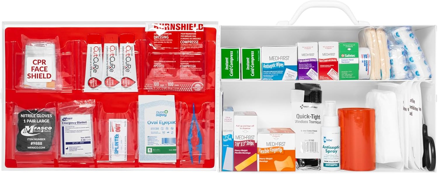 MFASCO 2-Shelf OSHA Compliant First Aid Kit - Wall Mount Metal Cabinet - 227 Pieces - Workplace Safety - Commercial, Office, Kitchen, for Home & Business Emergency Kit