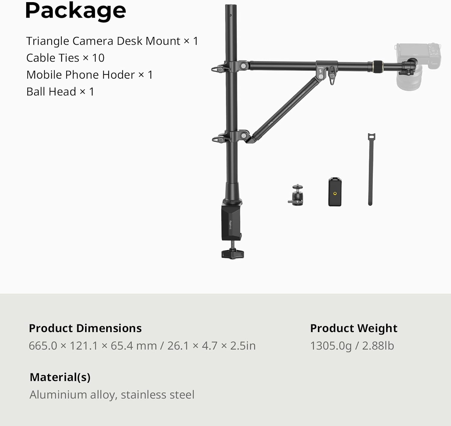 SMALLRIG Triangle Camera Desk Mount, Max. Load 3kg/ 6.6lbs, Overhead Mount with Auxiliary Support Rod, with Phone Holder and Small Ball Head for Camera/Phone/Light/Webcam