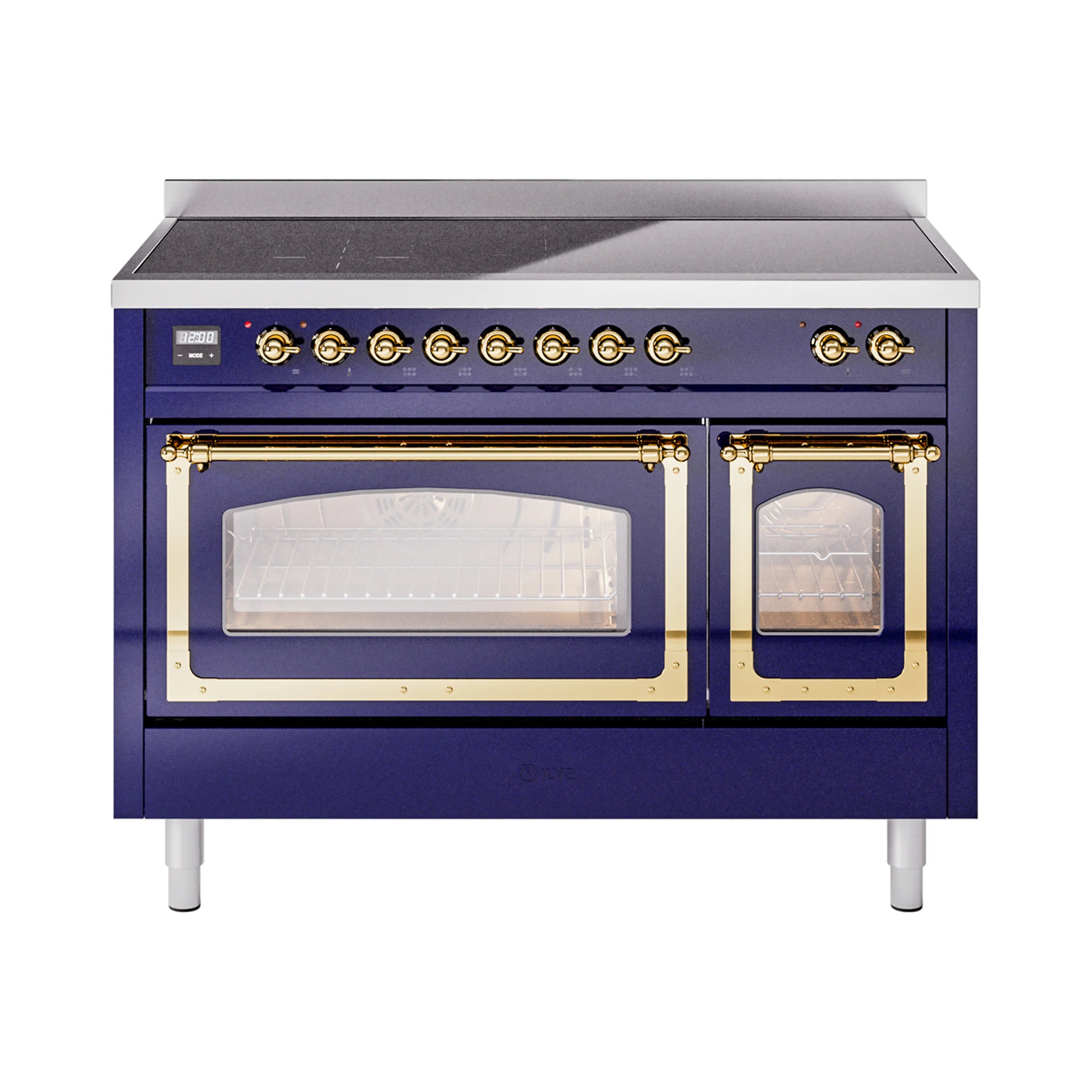 ILVE Nostalgie II Noblesse 48-Inch Induction Range with Triple Glass Door in Midnight Blue with Brass Trim (UNI486NMPMBG)