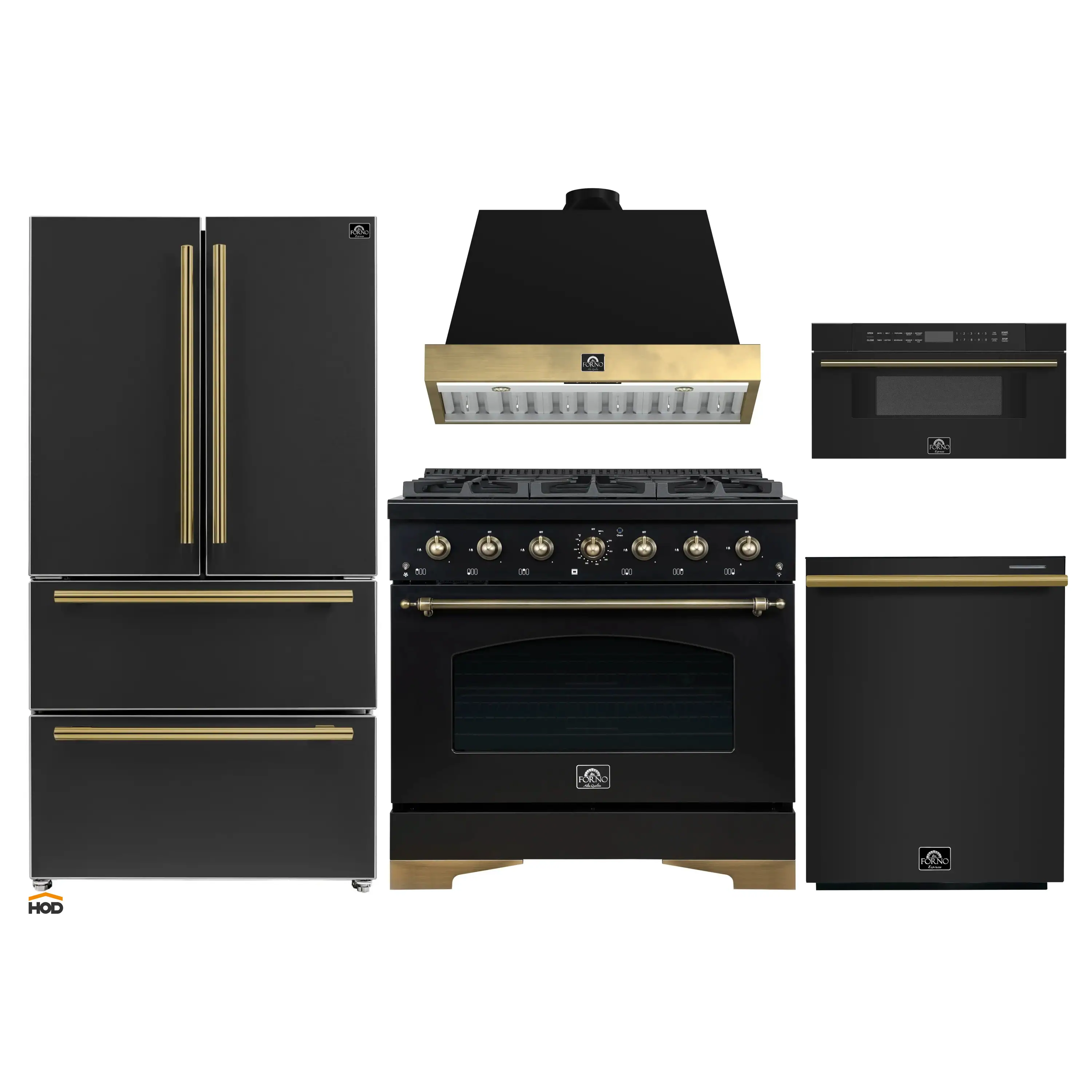 Forno Antico 5-Piece Appliance Package - 36-Inch Gas Range, 36-Inch Hood, 36-Inch Refrigerator, 24-Inch Dishwasher, & 30-Inch Microwave Drawer in Black with Antique Brass Trim