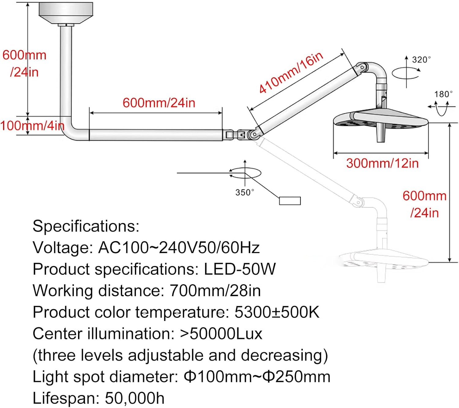 Ceiling Medical Examination Lamp, 50W Examination Lamp, 360° Rotation with Three Petal Lamp Head, Brightness Can Be Adjusted in Three Levels