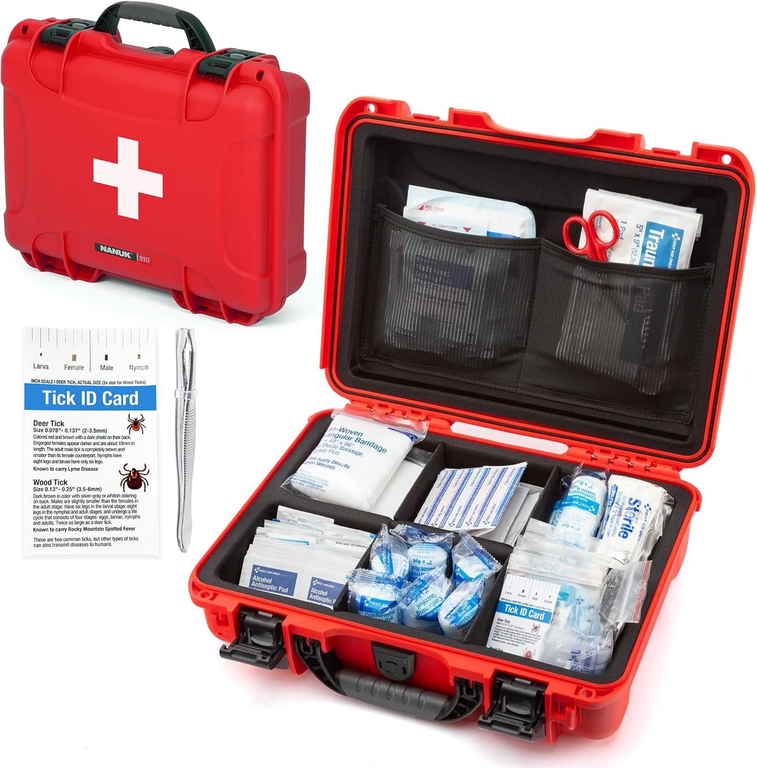 NANUK 910 Waterproof First Aid Kit 146pcs – Durable, Pre-Stocked First Aid Emergency Kit with Bandages, Tick Removal Tool, and More – Dustproof, Impact-Resistant, Floats (14.3