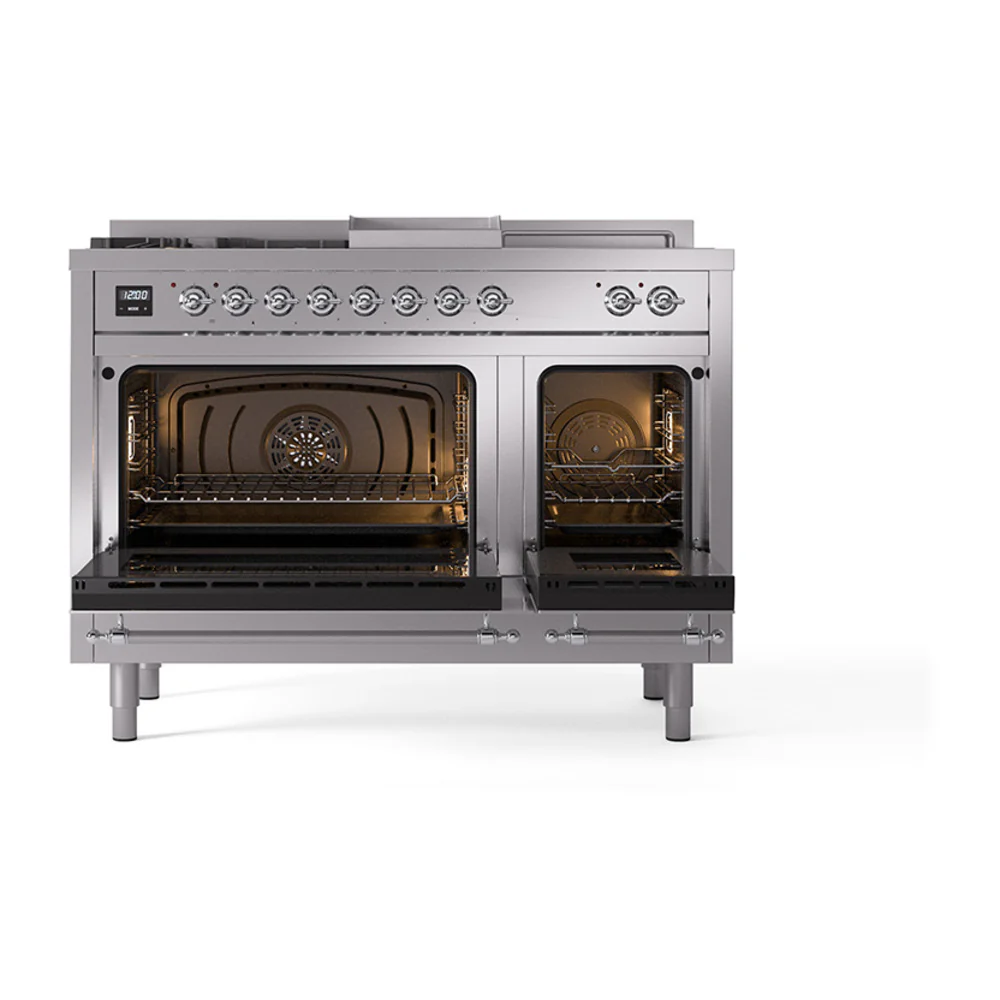 ILVE 48-Inch Nostalgie II Noblesse Dual Fuel Range with 5 Sealed Burners, Griddle, French Top and Solid Door Oven in Stainless Steel with Chrome Trim (UN48FSQNMPSSC)