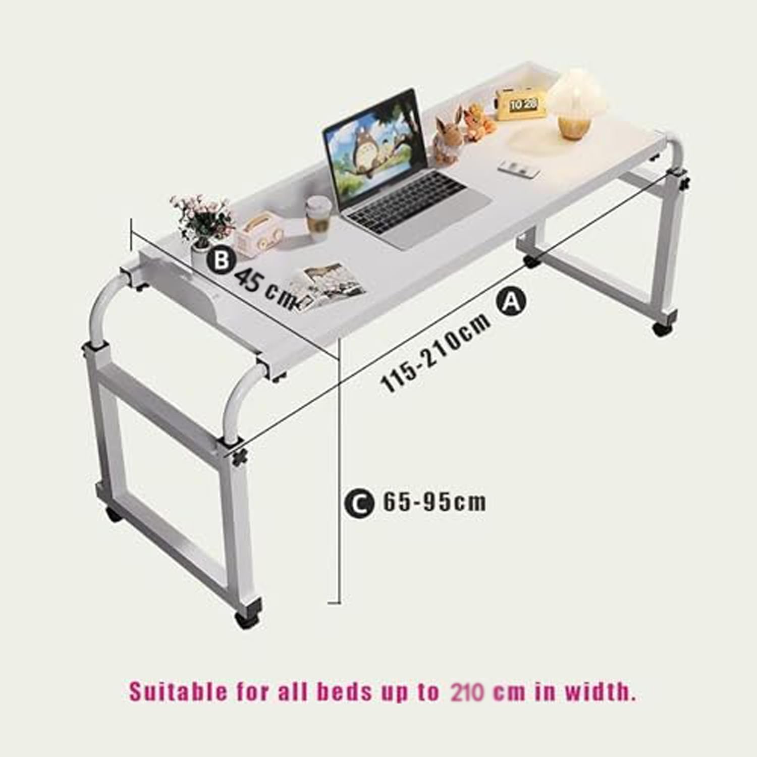 Foldable Desk Table,Over Bed Laptop Trolley Desk Overbed Medical Table Over Chair Table with Wheels Small Overbed Table Adjustable Height with Wheels(Color:White+)