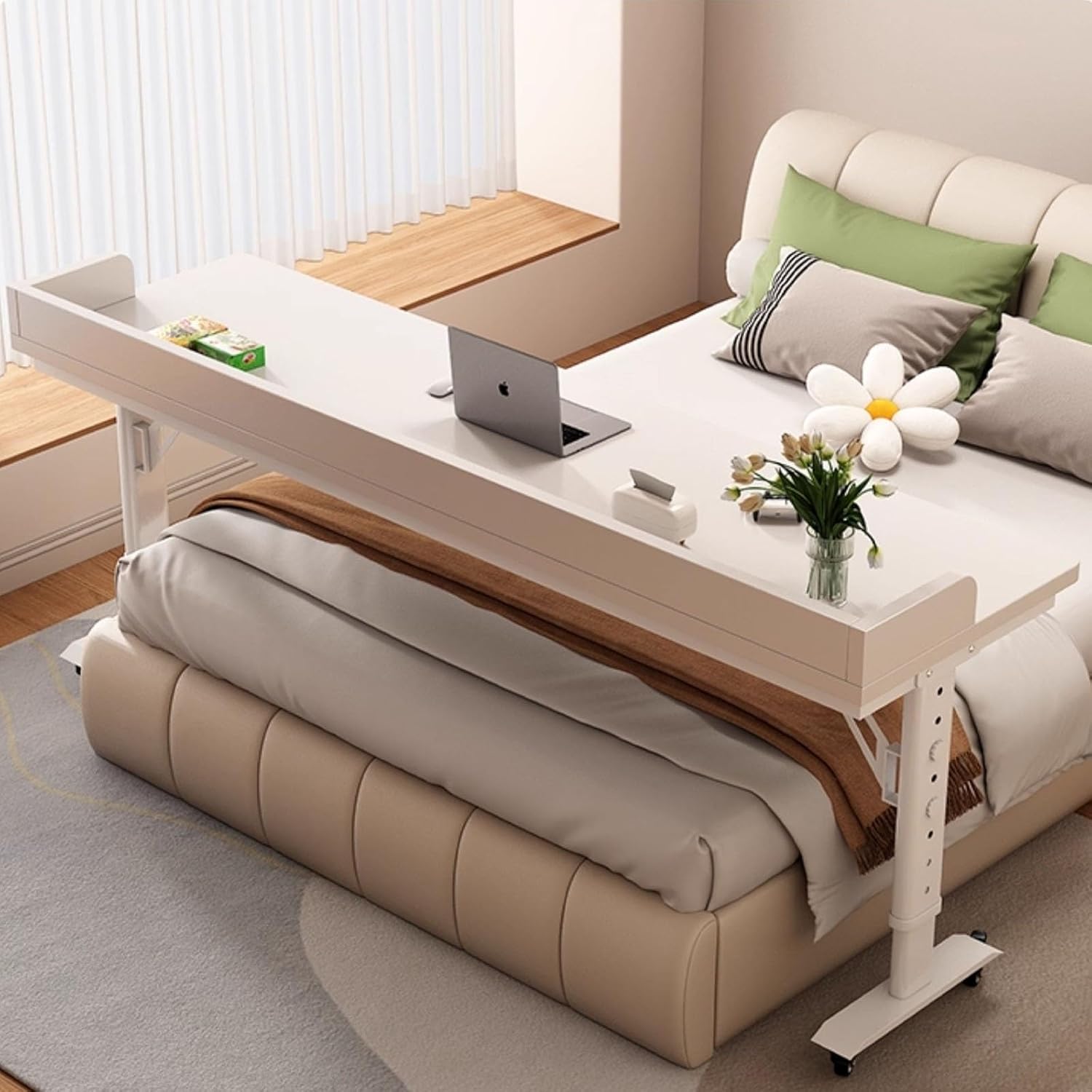 Over Bed Table with Wheels & Adjustable Height - Heavy Duty Metal Legs & Solid Wood Top Standing Laptop Cart, Rolling Overbed Desk for Hospital & Home Use(with Baffle-D,100cm/39.4in)