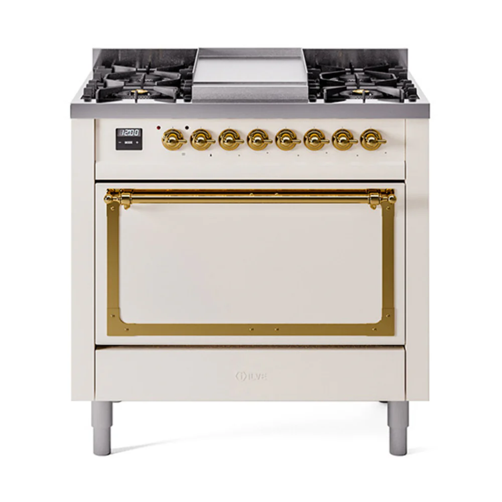ILVE Nostalgie II Noblesse 36-Inch Dual Fuel Range and Solid Door Oven in Antique White with Brass Trim (UN36FQNMPAWG)