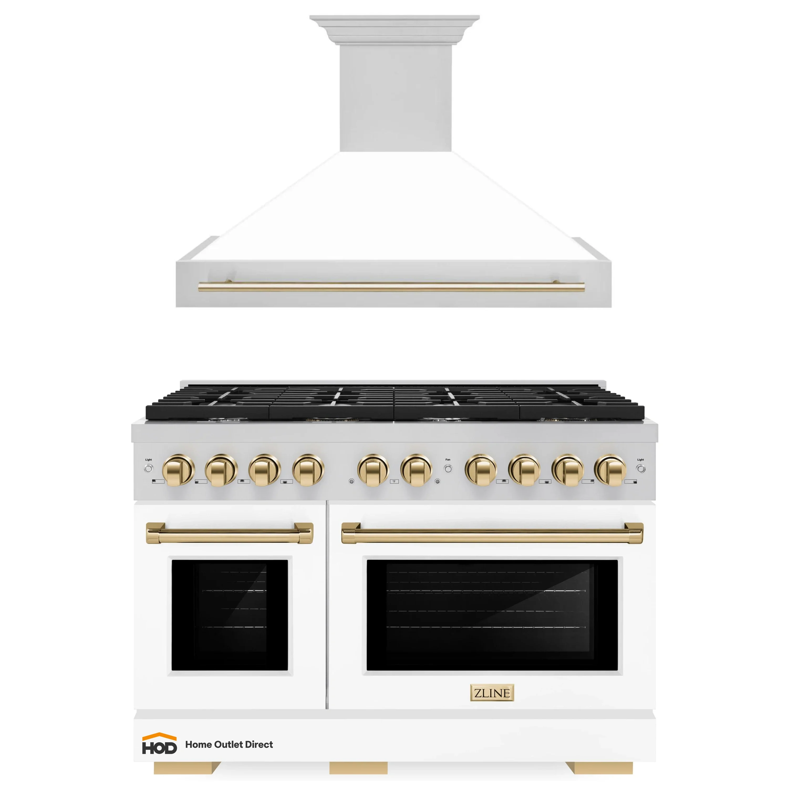 ZLINE Autograph Edition 2-Piece Appliance Package - 48-Inch Gas Range & Wall Mounted Range Hood in Stainless Steel and White Door with Gold Trim (2AKPR-SGRWMRH48-G)