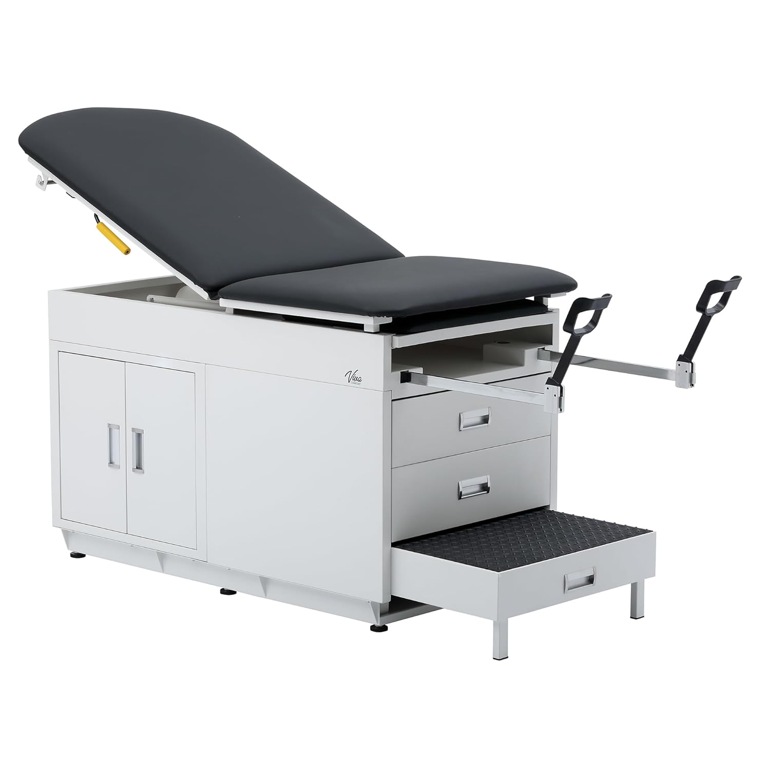 Viva Comfort Grande Medical Exam Table, Adjustable Exam Bed with Step Stool, Storage Cabinets, Foot Rest and Stirrups,47.64” L x 26.77” W x 29.13” H, Black