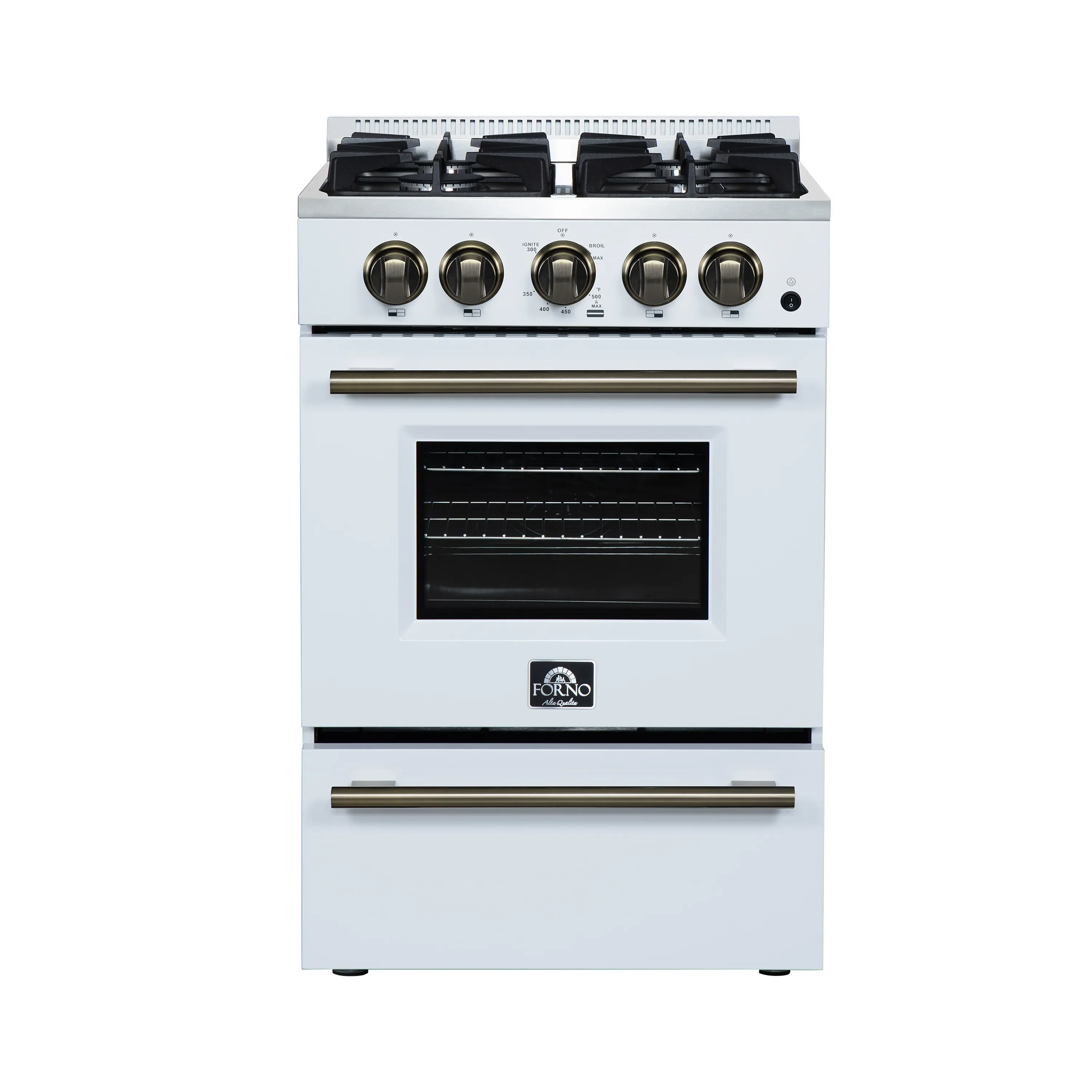 Forno Breno 24-Inch Freestanding Gas Range in White with Antique Brass Trim (FFSGS6272-24WHT)