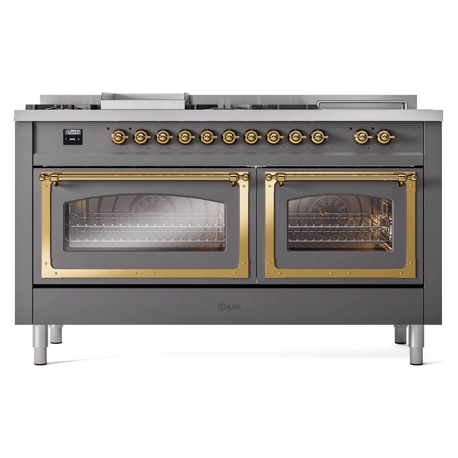 ILVE Nostalgie II Noblesse 60-Inch Dual Fuel Range with 7 Burners, Griddle, & French Top with Triple Glass Door Oven in Matte Graphite with Brass Trim (UN60FSNMPMGG)