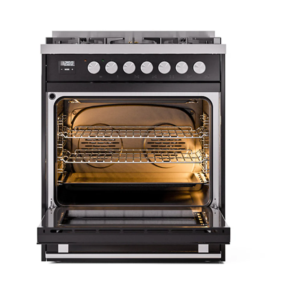 ILVE Professional Plus II 30-Inch Dual Fuel Range with Solid Door in Glossy Black (UP30QMPBK)