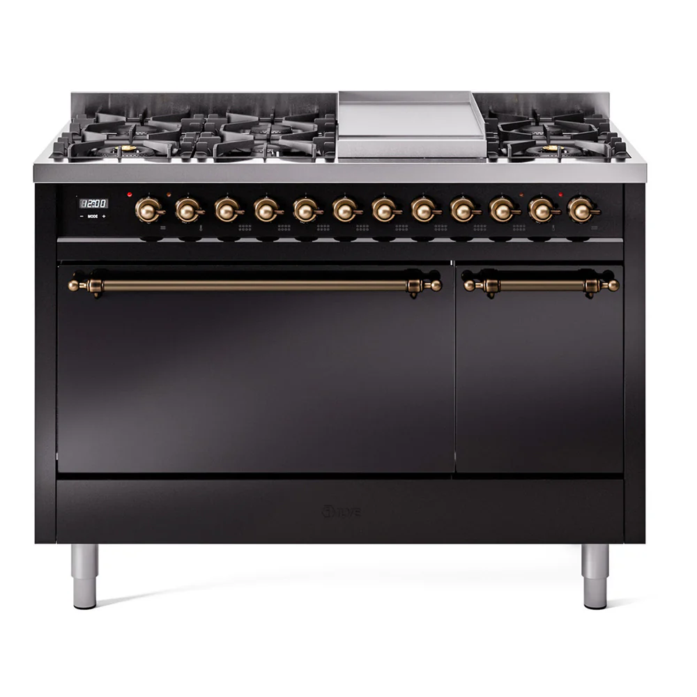 ILVE 48-Inch Nostalgie II Dual Fuel Range with 8 Burners, Griddle, and Solid Door Oven in Glossy Black with Bronze Trim (UP48FQNMPBKB)