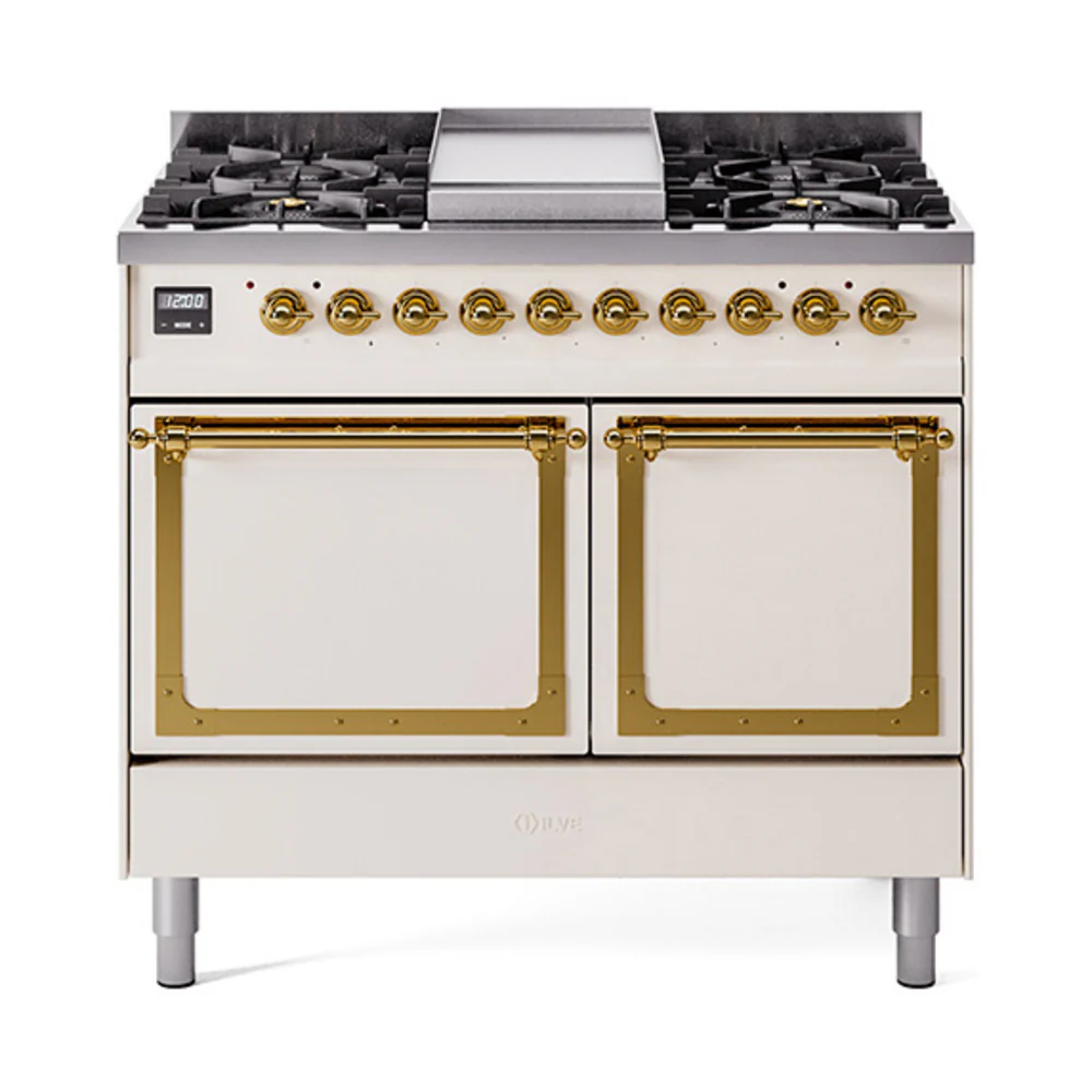 ILVE 40-Inch Nostalgie II Noblesse Dual Fuel Range with Solid Door Oven in Antique White with Brass Trim (UND40FQNMPAWG)