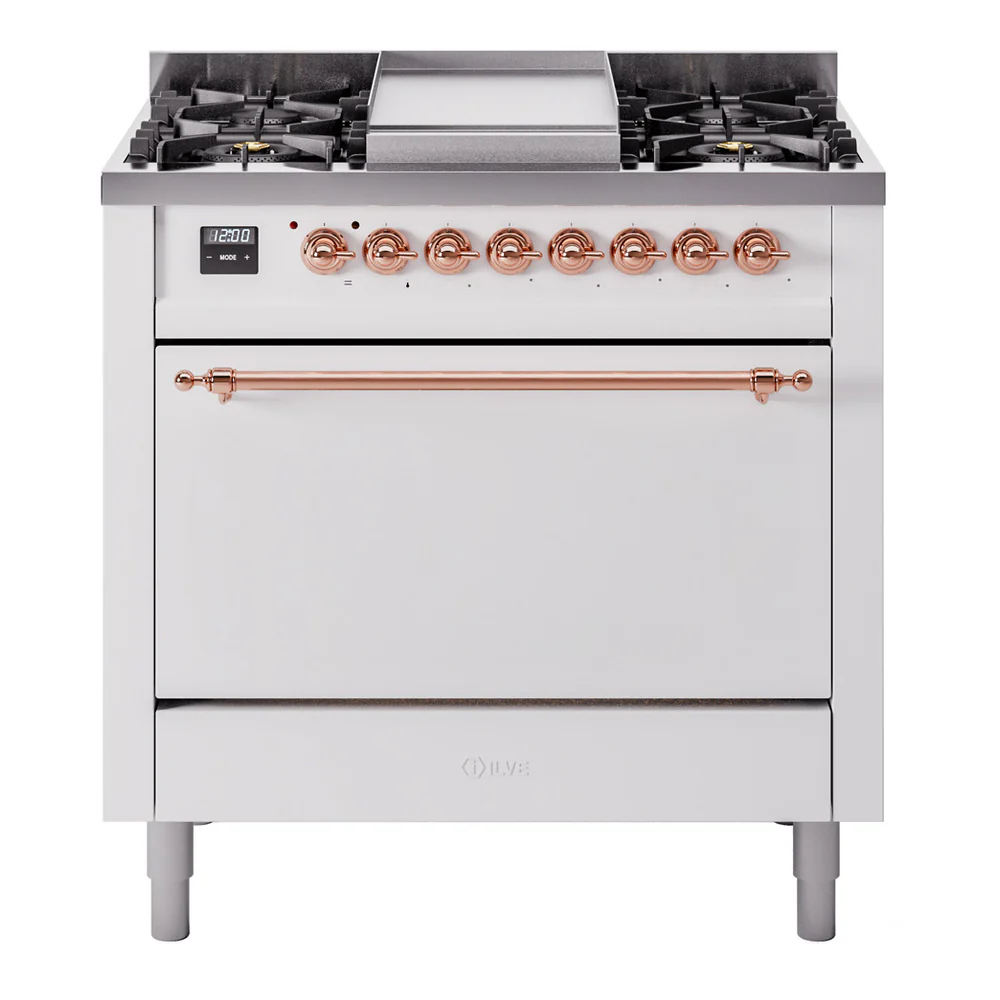 ILVE 36-Inch Nostalgie II Dual Fuel Range with 6 Burners and Solid Door Oven in White with Copper Trim (UP36FQNMPWHP)