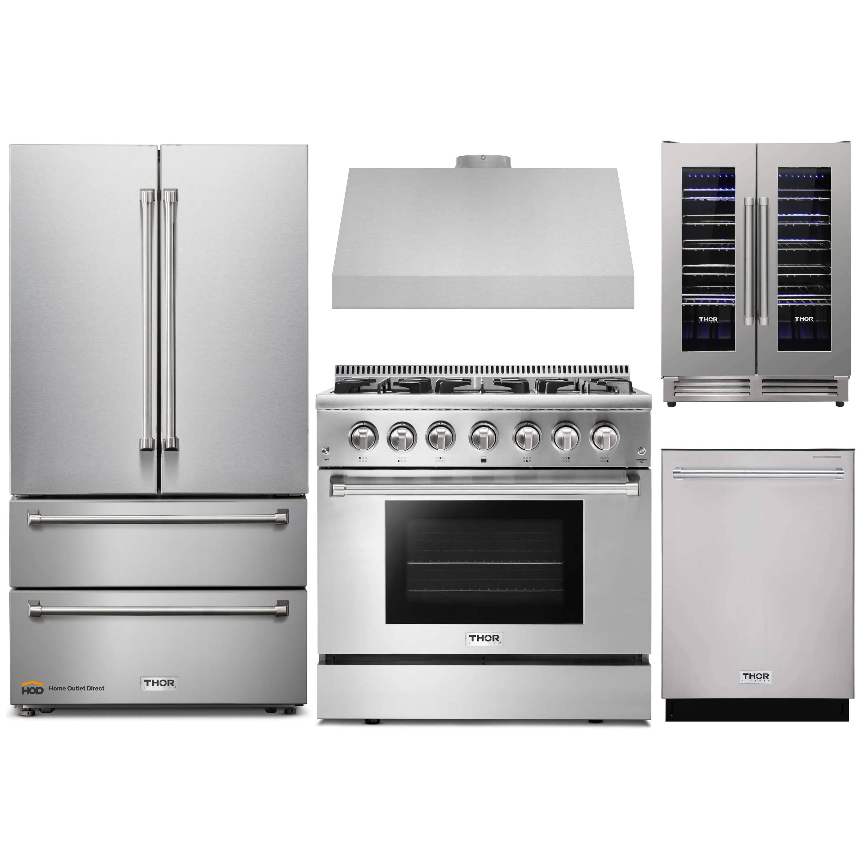 Thor Kitchen 5-Piece Pro Appliance Package - 36-Inch Dual Fuel Range, French Door Refrigerator, Under Cabinet Hood, Dishwasher, and Wine Cooler in Stainless Steel
