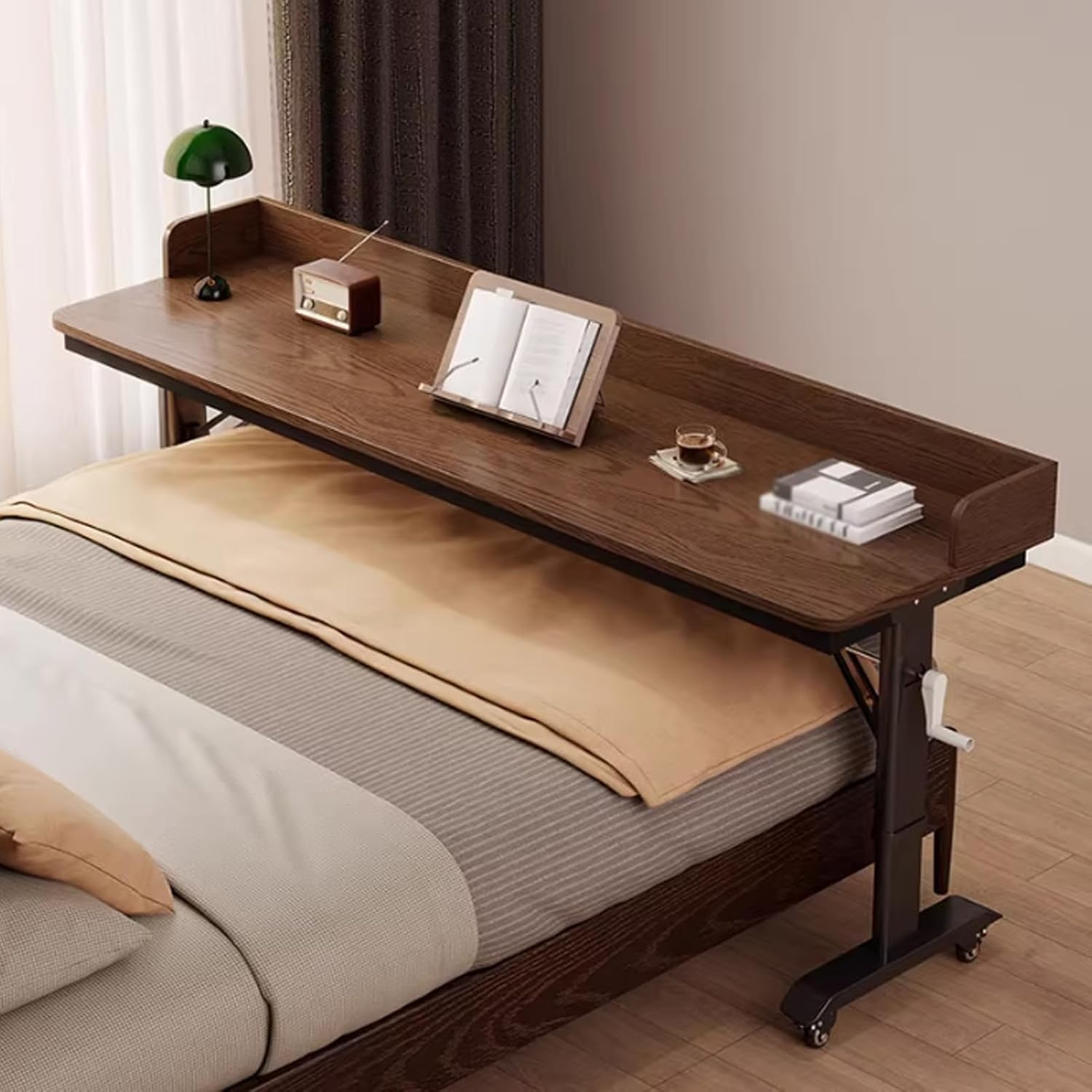 Adjustable Height Over The Bed Table, 360° Free Rotating Sofa Side Table with Manual Handle and Wheels, Cross-Bed Overbed Table, Standing Workstation Laptop Des for Work(240x40cm/94.4x15.7in)