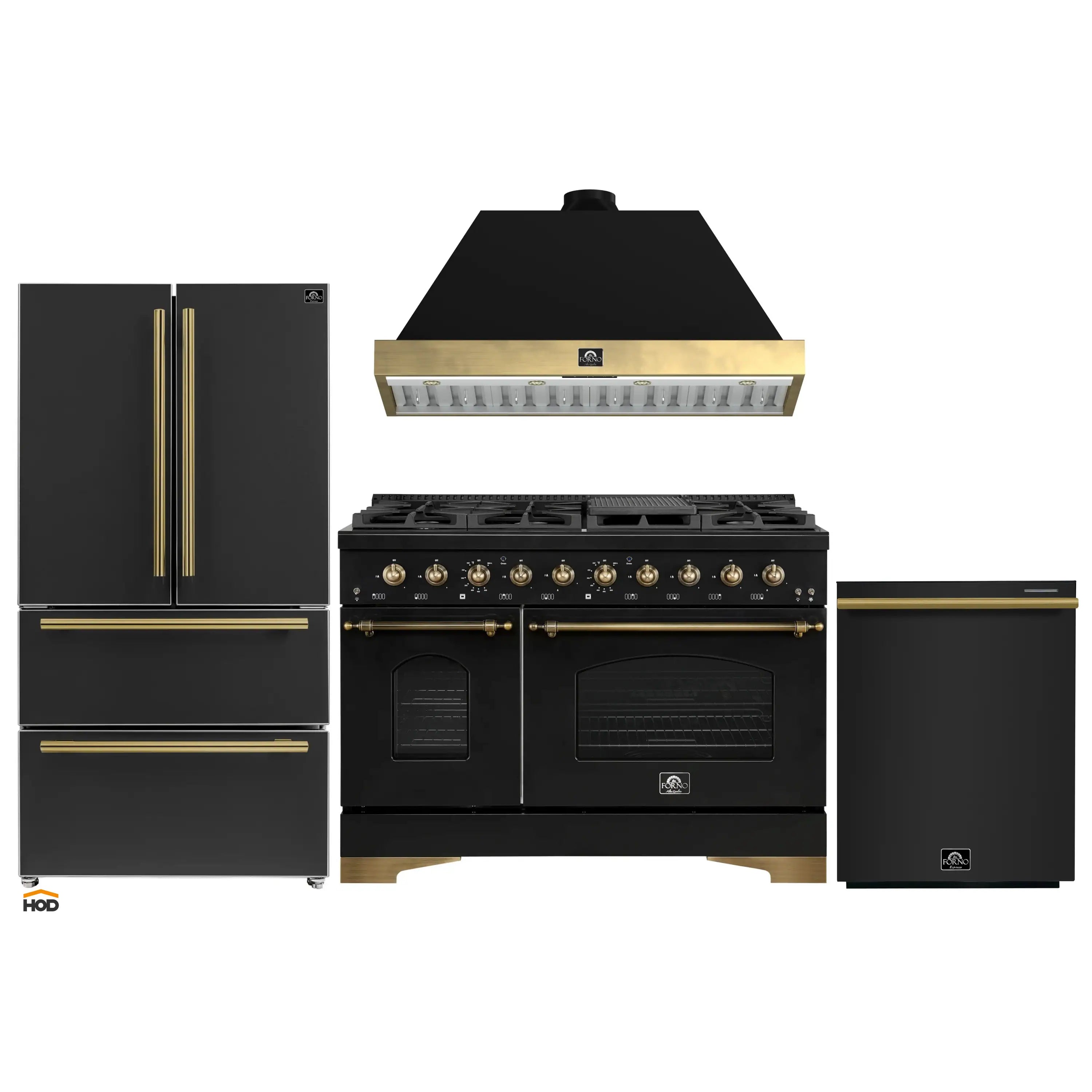 Forno Antico 4-Piece Appliance Package - 48-Inch Dual Fuel Range, 48-Inch Hood, 36-Inch Refrigerator, & 24-Inch Dishwasher in Black with Antique Brass Trim