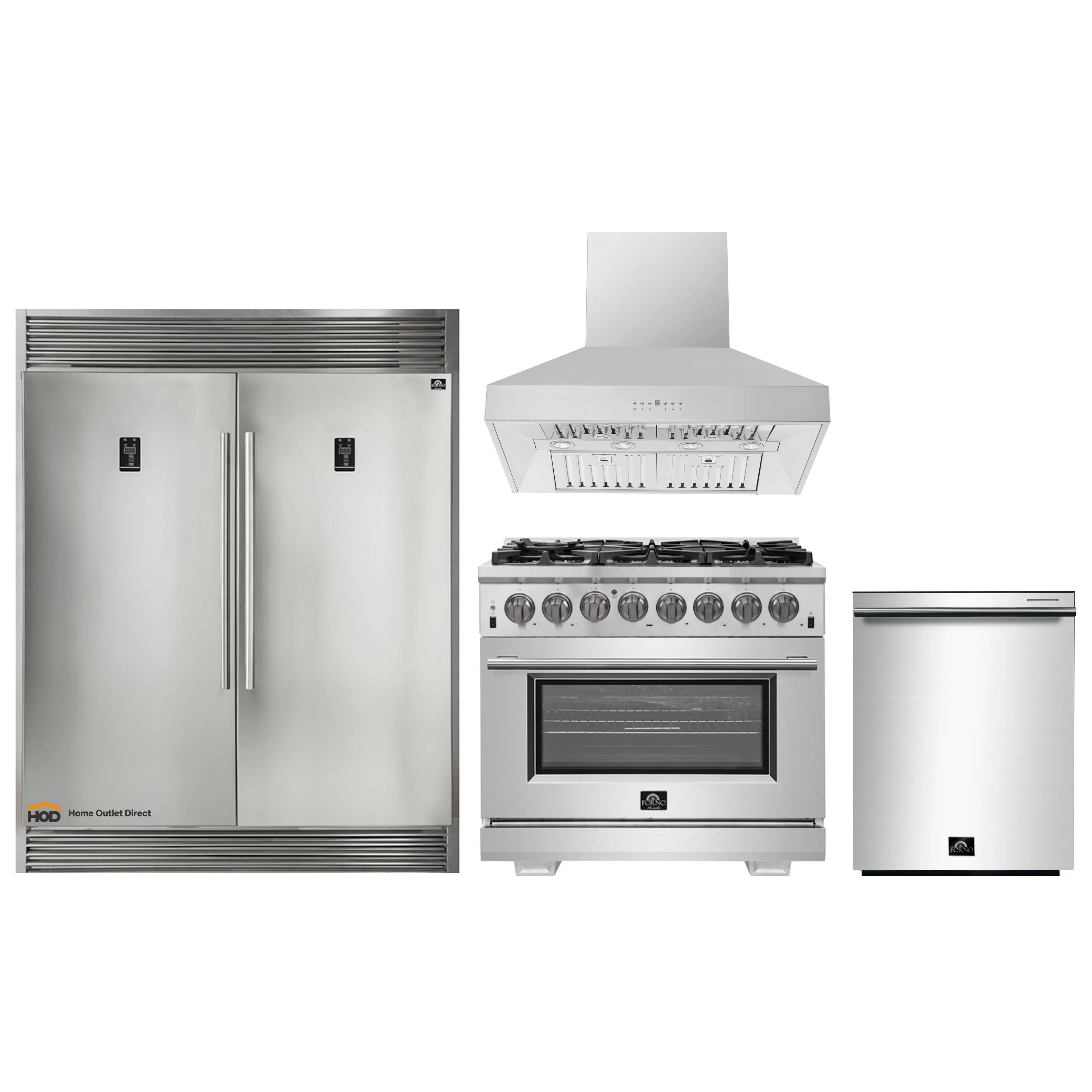 Forno 4-Piece Pro Appliance Package - 36-Inch Dual Fuel Range, 60-Inch Pro-Style Refrigerator, Wall Mount Hood, & 3-Rack Dishwasher in Stainless Steel