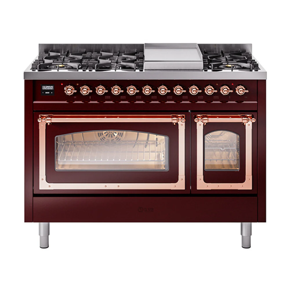 ILVE Nostalgie II Noblesse 48-Inch Dual Fuel Freestanding Range in Burgudy with Copper Trim (UN48FNMPBUP)