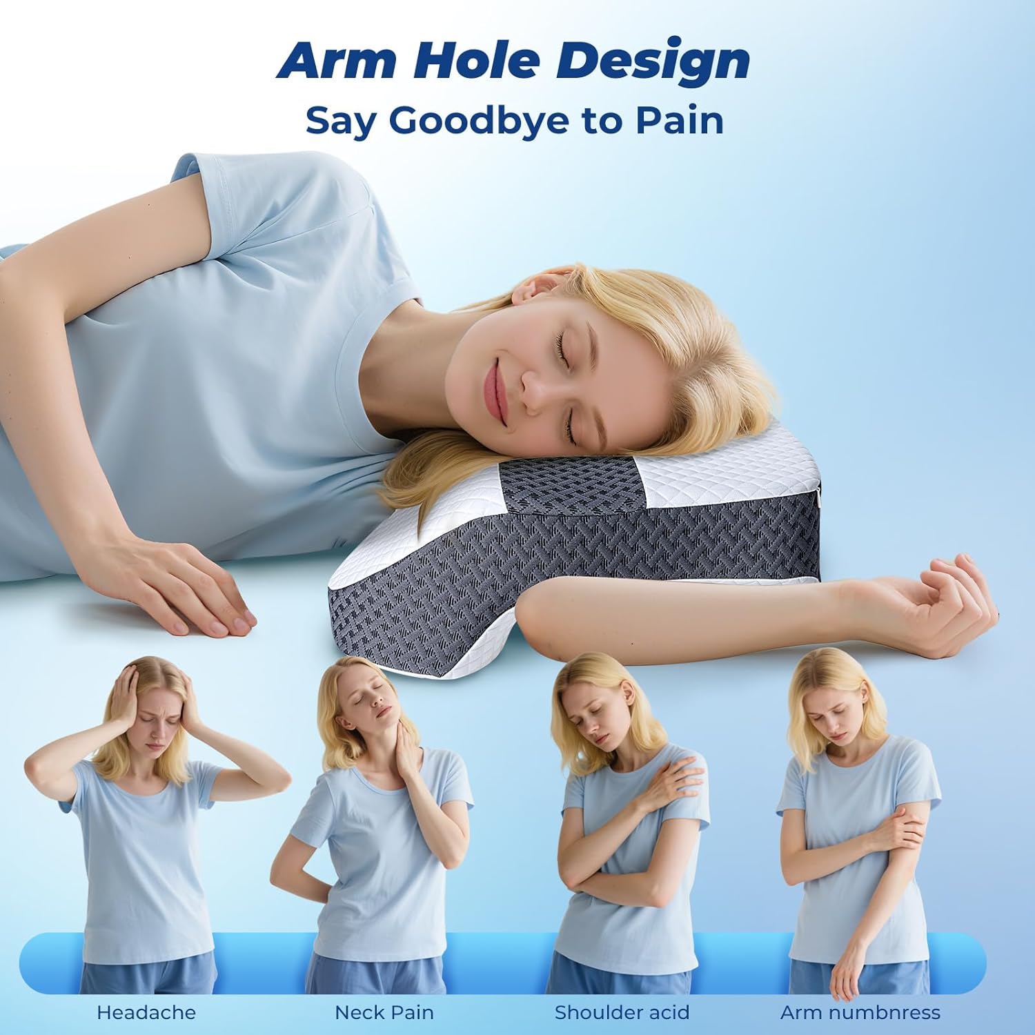 SAHEYER Side Sleeper Pillow with Arm Holes, 2 in 1 Shoulder Relief System for Rotator Cuff Pain, Memory Foam Pillow for Adults with 3 Arm Place Hole - for Side, Back and Stomach, Black