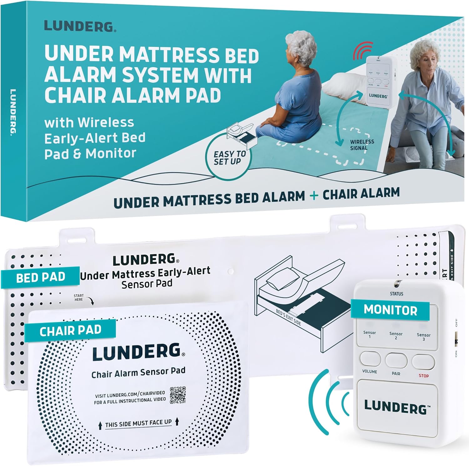 Lunderg Under Mattress Bed Alarm for Elderly Adults & Chair Alarm Set - Wireless Early-Alert Mattress Pad, Chair Pad & Pager - Bed Alarms and Fall Prevention for Elderly and Dementia Patients