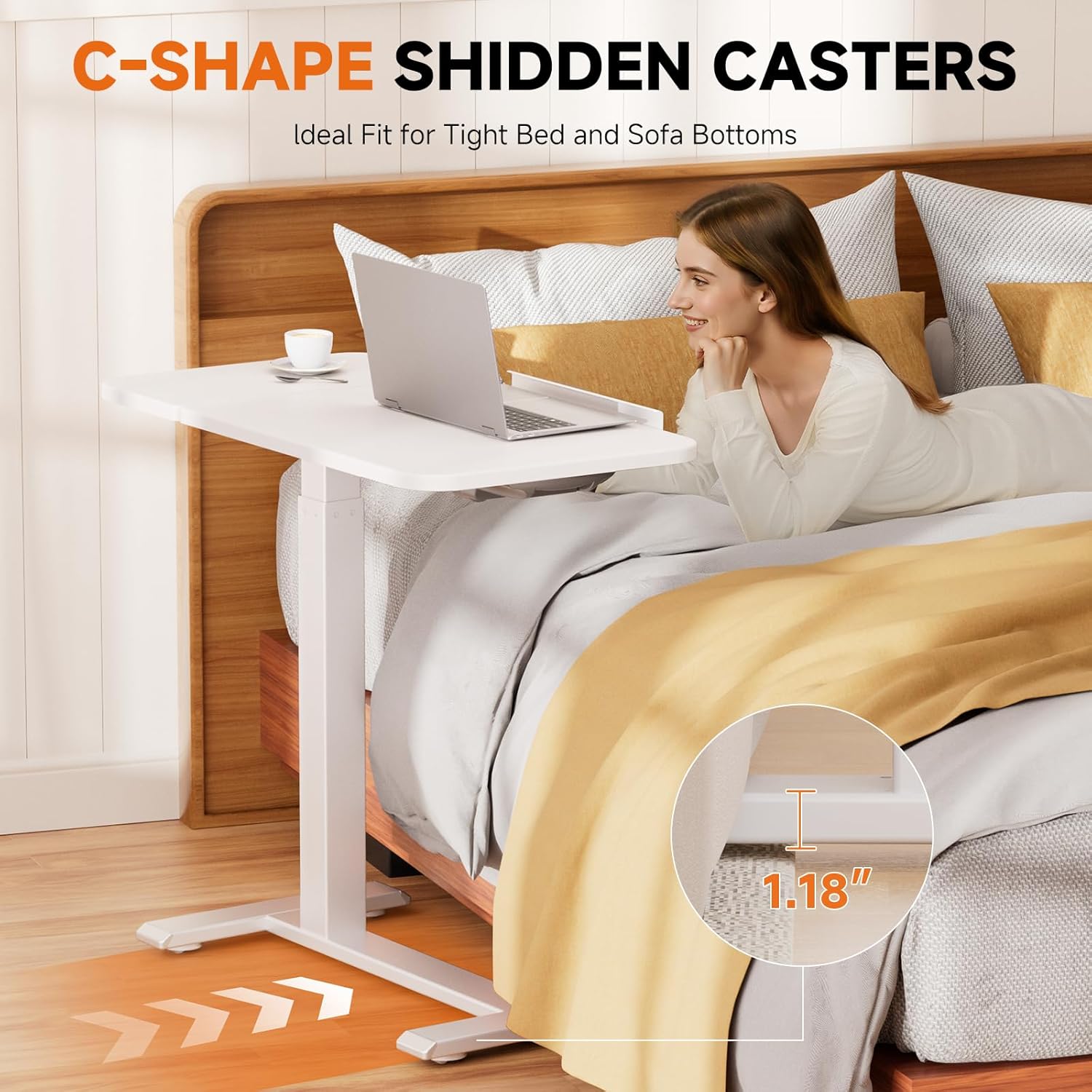 GTRACING Overbed Bedside Table with Wheels,Tiltable Hospital Bed Table Over The Bed, Pneumatic Adjustable Rolling Laptop Desk, Mobile Standing Desk for Hospital and Home Use (White)