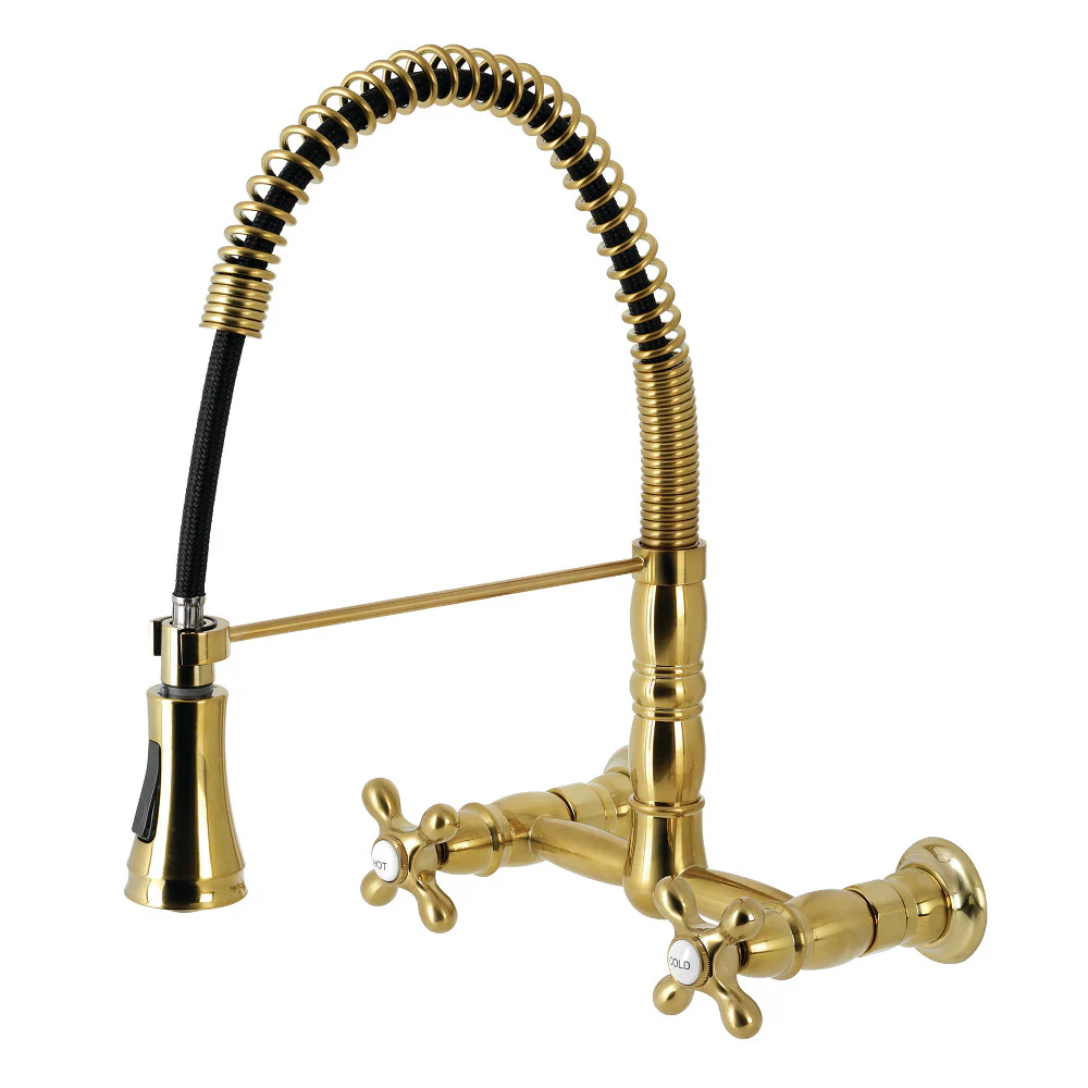Kingston Brass Gourmetier Heritage Double-Handle Wall-Mount Pre-Rinse Bridge Kitchen Faucet, Brushed Brass (GS1247AX)