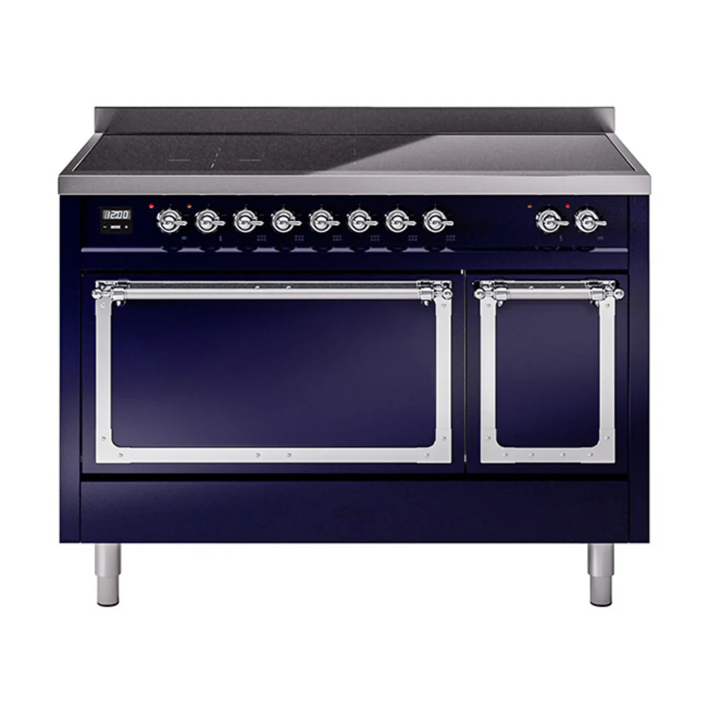 ILVE Nostalgie II Noblesse 48-Inch Induction Range with Solid Door Oven in Midnight Blue with Chrome Trim (UNI486QNMPMBC)