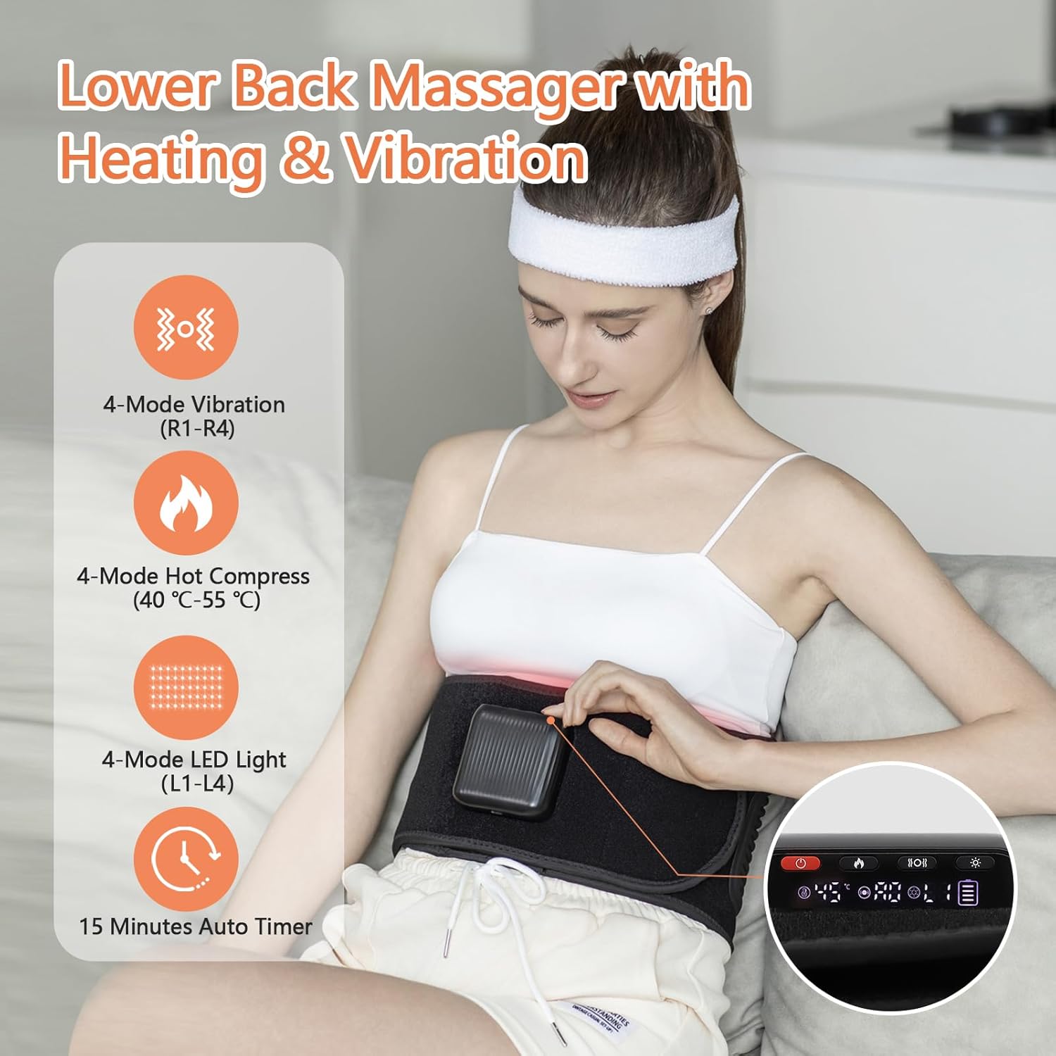 Lower Back Massager Belt with Four Modes Heating & Massage & Red Light, Ergonomic Support Massage Belt with Timer, Portable Cordless Heating Pad for Back Relieve Pain, Battery-Powered